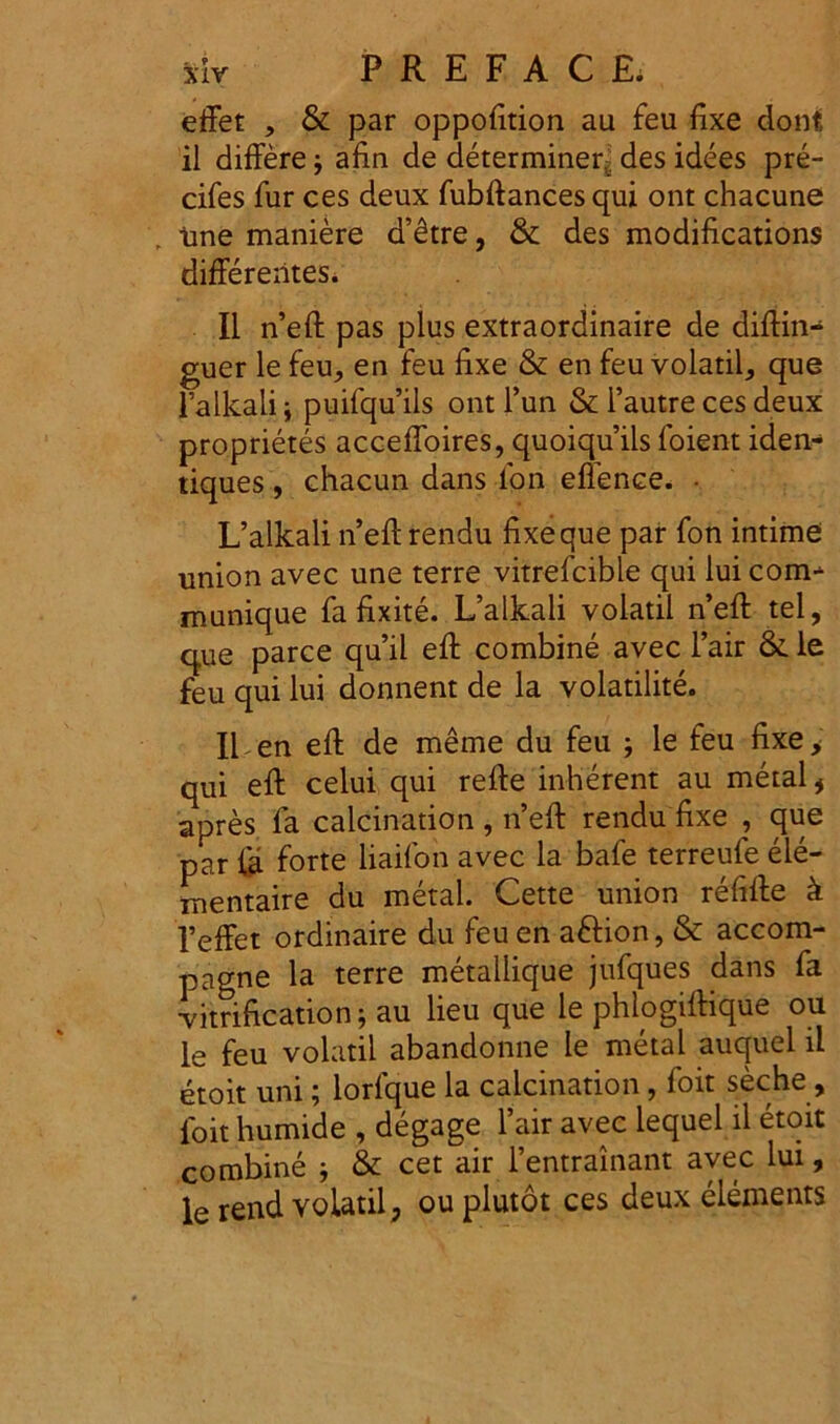 effet , & par oppofition au feu fixe donf, il differe j afin de determiner, des idees pre- cifes fur ces deux fubftances qui ont chacune ( ime maniere d’£tre, & des modifications differentes. II n’eft pas plus extraordinaire de diftin- guer le feu, en feu fixe & en feu volatil, que lalkali; puifqu’ils ont l’un & 1’autre ces deux proprietes acceffoires,quoiquilsfoient iden- tiques , chacun dans ion eflence. • Ualkali n’eft rendu fixe que par fon intime union avec une terre vitrefcible qui lui com- munique fa fixite. Ualkali volatil n’eft tel, que parce quii eft combine avec 1’air & le feu qui lui donnent de la volatilite. II en eft de meme du feu ; le feu fixe, qui eft celui qui refte inherent au metal i apres fa calcination , ifeft rendu fixe , que par ia forte liaifon avec la bafe terreufe ele- mentaire du metal. Cette union refifte k 1’effet ordinaire du feu en a&ion, & accom- pagne la terre metallique jufques dans fa vitrification* au lieu que le phlogiftique ou le feu volatil abandonne le metal auquel il etoit uni; lorfque la calcination, foit seche, foit humide , degage l’air avec lequel il etoit combine & cet air 1’entrainant avec lui, le rend volatil , ou plutot ces deux elements