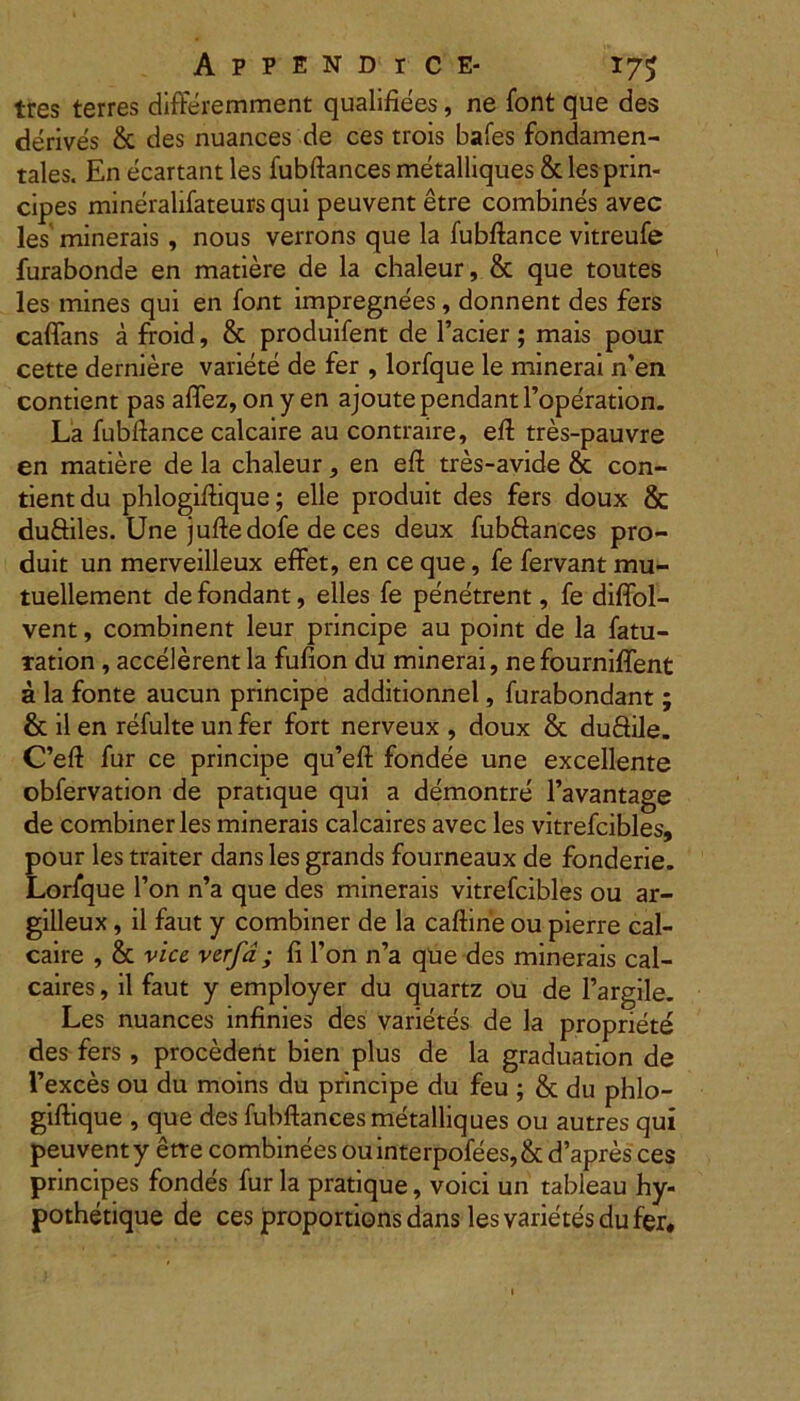 tres terres differemment qualifiees, ne font que des derives & des nuances de ces trois bafes fondamen- tales. En ecartant les fubftances metalliques & les prin- cipes mineralifateurs qui peuvent etre combines avec les minerais , nous verrons que la fubftance vitreufe furabonde en matiere de la chaleur, & que toutes les mines qui en font impregnees, donnent des fers caflans a froid, & produifent de 1’acier ; mais pour cette derniere variete de fer , lorfque le minerai n’en contient pas aflez, on y en ajoute pendant Poperation. La fubftance calcaire au contraire, eft tres-pauvre en matiere de la chaleur, en eft tres-avide & con- tient du phlogiftique; elle produit des fers doux & duftiles. Une juftedofe de ces deux fubftances pro- duit un merveilleux effet, en ce que, fe fervant mu- tuellement de fondant, elles fe penetrent, fe diffol- vent, combinent leur principe au point de la fatu- Tation , accelerent la fufion du minerai, ne fourniflent a la fonte aucun principe additionnel, furabondant; & il en refulte un fer fort nerveux , doux & duftile. C’eft fur ce principe qu’eft fondee une excellente obfervation de pratique qui a demontre 1’avantage de combiner les minerais calcaires avec les vitrefcibles, pour les traiter dans les grands fourneaux de fonderie. Lorfque l’on n’a que des minerais vitrefcibles ou ar- gilleux, il faut y combiner de la caftine ou pierre cal- caire , & vice, verfd; fi Ton n’a que des minerais cal- caires , il faut y employer du quartz ou de Pargile. Les nuances infinies des varietes de la propriete des fers , procedent bien plus de la graduation de Pexces ou du moins du principe du feu ; & du phlo- giftique , que des fubftances metalliques ou autres qui peuvent y etre combinees ouinterpofees,& d’apres ces principes fondes fur la pratique, voici un tableau hy- pothetique de ces proportions dans les varietes du fer.