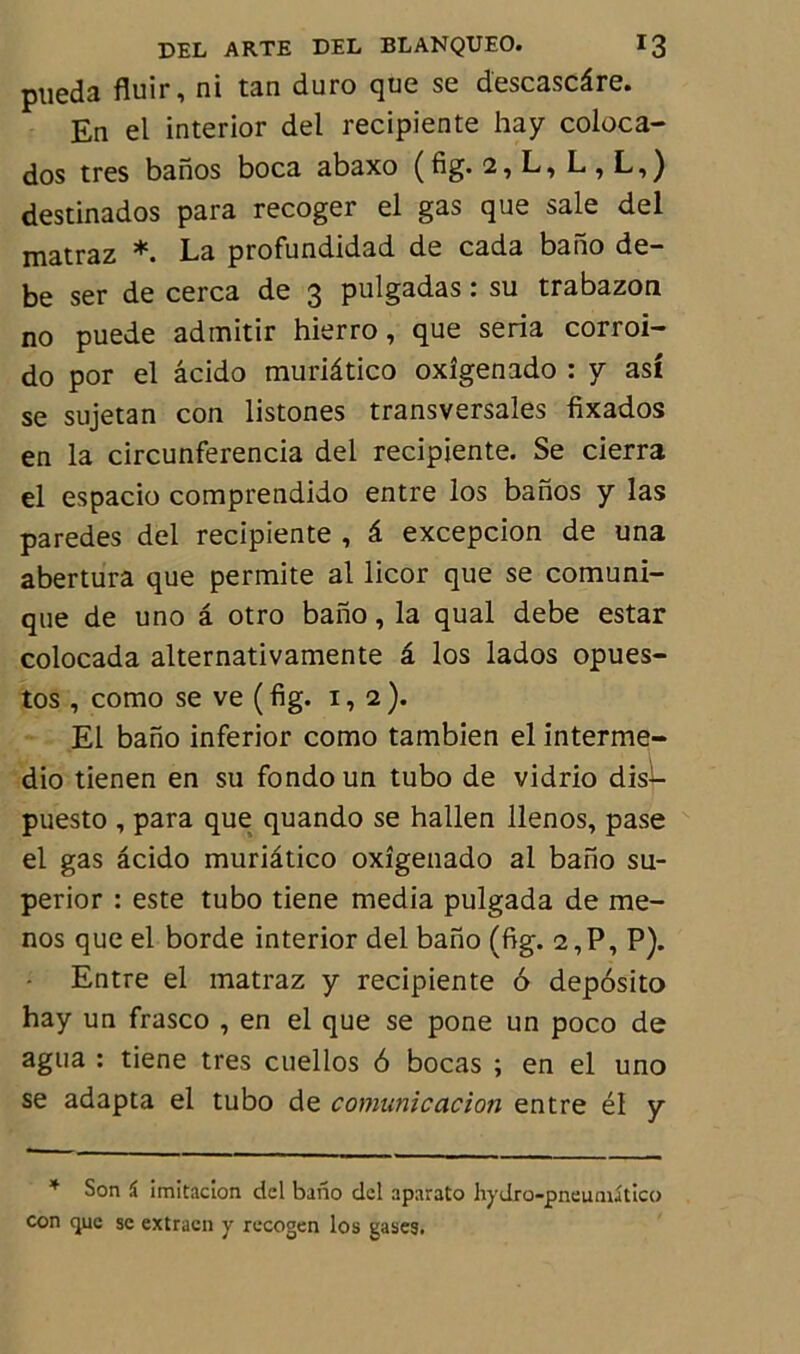 pueda fluir, ni tan duro que se descascâre. En el interior del recipiente hay coloca- dos très banos boca abaxo (fig. 2, L, L,L,) destinados para recoger el gas que sale del matraz *. La profundidad de cada bano de- be ser de cerca de 3 pulgadas : su trabazon no puede admitir hierro, que séria corroi- do por el âcido muriâtico oxîgenado : y asi se sujetan con listones transversales fixados en la circunferencia del recipiente. Se cierra el espacio comprendido entre los banos y las paredes del recipiente , â excepcion de una abertura que permite al licor que se comuni- que de uno â otro bano, la quai debe estar colocada alternativamente â los lados opues- tos , como se ve ( fig. 1,2 ). El bano inferior como tambien el interme- dio tienen en su fondoun tubo de vidrio disL puesto , para que quando se hallen llenos, pase el gas âcido muriâtico oxîgenado al bano su- perior : este tubo tiene media pulgada de me- nos que el borde interior del bano (fig. 2,P, P). Entre el matraz y recipiente 6 depôsito hay un frasco , en el que se pone un poco de agua : tiene très cuellos 6 bocas ; en el uno se adapta el tubo de comunicacion entre él y * Son S imitacîon del bano del aparato hydro-pneuniatlco con que se extraen y recogen los gases.