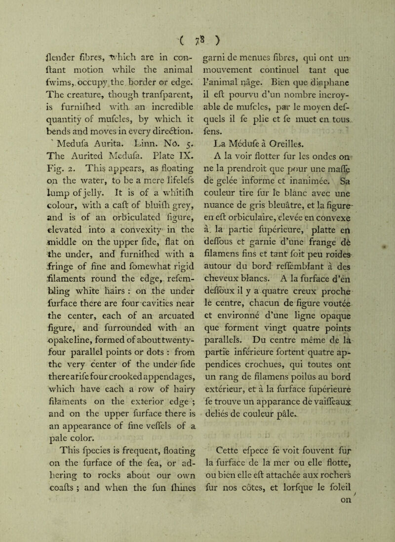 ( 7» > flender fibres, t\^hlch arc in con- ftant motion while the animal f’wims, occupy the border or edge. The creature, though tranfparent, is furniilicd with, an incredible quantity of mufcles, by which it bends and moves in every direétion. ' Medufa Aurita. Linn. No. 5. The Aurited Medufa. Plate IX. Fig. 2. This appears, as floating on the water, to be a mere lifelefs lump of jelly. It is of a whitifh colour, with a caft of bluifli grey, and is of an orbiculated figure, elevated into a convexity in the .middle on the upper fide, flat on •the under, and furnilhed with a Fringe of fine and fomewhat rigid ^laments round the edge,, refcm- bling white hairs : on the under furface there are four-cavities near the center, each of an arcuated figure, and furrounded with an opake line, formed of about twenty- four parallel points or dots : from the very center of the under fide there arife four crooked appendages, which have each a row of hairy filaments on the exterior edge ; and on the upper furface there is an appearance of fine veflels of a pale color. This fpecies is frequent, floating on the furface of the fea, or ad- hering to rocks about our own coafts ; and when the fun iliines garni de menues fibres, qui ont un- mouvement continuel tant que l’animal nage. Bien que diaphane il eft pourvu d’un nombre incroy- able de mufcles, par le moyen def- quels il fe plie et fe muet en tüus_ fens. La Medufe à Oreilles. A la voir flotter fur les ondes on ne la prendroit que pour une maflb dè gelée informe et inanimée. Sa couleur tire fur le blanc avec une nuance de gris bleuâtre, et la figure- en eft orbiculaire, elevée en convexe à. la partie fupérieure, platte en delTous et garnie d’une frange dè filamens fins et tant foit peu roides- autour du bord reflèmbiant à des cheveux blancs. A la furface d’én deflbux il y a quatre creux proche le centre, chacun de figure voûtée et environné d’une ligne opaque que forment vingt quatre points parallels. Du centre même de là partie inférieure fortent quatre ap- pendices crochues, qui toutes ont un rang de filamens poilus au bord extérieur, et à la furface fupérieure fe trouve un apparance de vaiflèaux déliés de couleur pâle.. Cette efpece fe voit fouvent fur la furface de la mer ou elle flotte, ou bien elle eft attachée aux rochers fur nos côtes, et lorfque le foleil on