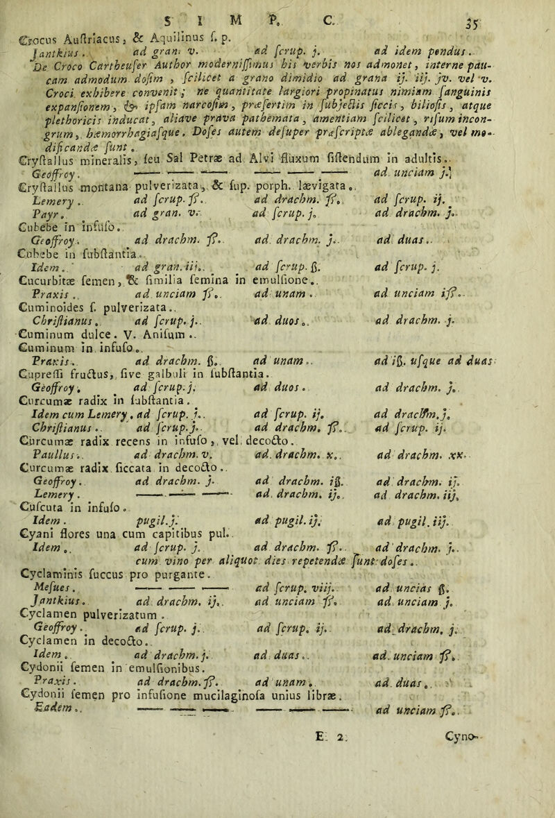 55 Crocus Auflriacus, & Aquilinus f. p. Jantkius. ad gran; v. ad fcrup. j. ad idem pendus .■ De Croco Cartbeufer Autbor moderniffuhus bis ve/bis nos admonet, interne pau- cam admodum doflm , fcilicet a grano dimidio ad grana ij. ii), jv. vel v. Croci, exhibere convenit i ne quantitate largiori propinatus nimiam [anguinis expanjionem, is> ipfam narcofun, prrtfertim in fubjettis ficcis , biliofis, atque pletboricis inducat, aliave prava patbemata , amentiam fcilicet, rifum incon- grum „ htsmorrbfigiafque, Dofes autem defuper prafcriptce ablegandae, vel mo- dificanda; funt. CryPtallus mineralis, feu. Sal Petrae ad Alvi fluxum fidendum in adultis.. Geoffroy. ; ad unciam j.) Gryflallus montana pulverizata 3. & fup. porph. laevigata,. ad dracbm. j?, ad fcrup. ij. ad fcrup. j, ad dracbm. j° ad fcrup. j?. v.- ad gran Lemery Payr. Cubebe in infufb. Geoffroy . ad dracbm. j?* Cubebe in fubflantia. Idem. ' ad gran.iij.. ad dracbm. }.. ad duas. ad fcrup. fi. Cucurbitae femen, & fimilia femina in emulfione., Praxis ad unciam f?,. ad unam. Cuminoides f. pulverizata.. Cbriflianus. ad fcrup. j.. ad duos 0l Cuminum dulce. V. Anifum .. Cuminum in infufo,,. Praeis. ad dracbm. fi. ttd unam.. GuprefTi frudus, five galbuli in iubflantia. ad duos. Geoffroy1, _ ad fcrup. j. Curcumse radix in fubftantia. Idem cum Lemery, ad fcrup. j.. Cbriflianus .. ad fcrup. f- Curcumae radix recens in infufo Paullusad dracbm. v. Curcumae radix ficcata in decodo.. Geoffroy. ad dracbm. }■ Cufcuta in infufo. Idem. pugil.ji Cyani flores una cum capitibus pul.. Idem,. ad fcrup. j. cum vino per aliquot dies repetendee funt-dofes. Cyclaminis fuccus pro purgante. Mefues. —— —— <— Jantkius. ad dracbm. ij Cyclamen pulverizatum ad fcrup. j. ad unciam ij?.. ad dracbm. j. ad 7fi. ufque ad duas ad dracbm. },. ad fcrup. ij, ad dracbm, f?.. i, vel; decodo. ad,, dracbm. x,. ad dracbm. /fi. ad dracbm. ij. ad pugil, ij, ad dracbm. j?.. ad fcrup. viij. ad unciam f?. ad draclfm.j, ad fcrup. ij. ad dracbm. xx, ad dracbm. i}, ad dracbm. ii), ad pugil, ii}. ad dracbm. ad uncias fi, ad unciam j. Geoffroy.' ad fcrup. j.. ad fcrup. ij. Cyclamen in decodo.. Ider»', ' ad dracbm.j. ad duas.. Cydonii femen in emulfionibus. Praxis. ad dracbm. f?. ad unam, Cydonii femen pro infufione mucilaginofa unius librae. ad. dracbm, j. ad. unciam f?. ad. duas, ad unciam j?,.