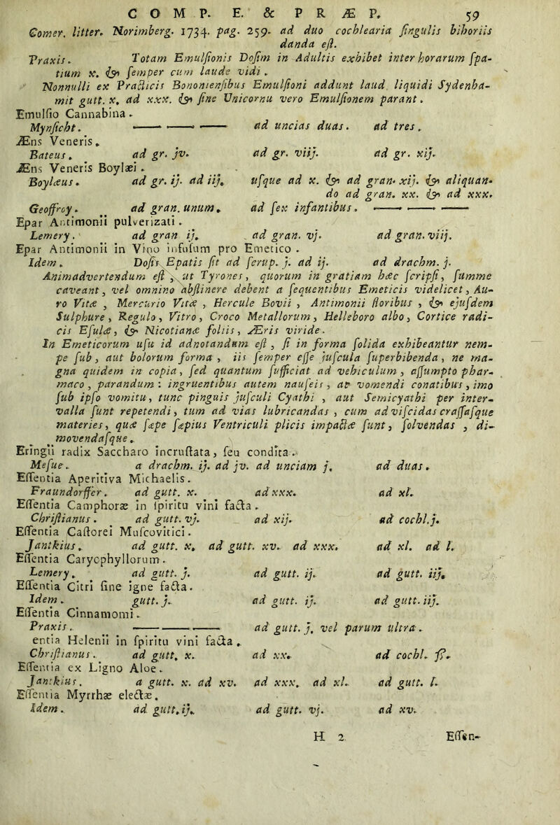 Comer, litter► Norimberg. 1734. pag. 259. ad duo cochlearia fingulis bihoriis danda efl. Praxis. lotam Emulfionis Doflm in Adultis exhibet inter horarum fpa- tium x. is* femper cum laude vidi * Nonnulli ex Praclicis Bononienfibus Emulfioni addunt laud liquidi Sydenha- mit gutt.x, ad xxx. is* fine Unicornu vero Emulfionem parant. Emulfio Cannabina* ■ ad uncias duas. ad tres. Mynficht. ■ iEns Veneris* Bateus. _ ad gr. jv. JEns Veneris Boylaei . Boylaus. ad gr. i}- ad ii). ad gr. viij. ad gr. xij. Geoffroy. ad gr an. unum. Epar Ar.cimonii pulverizati * Lemery. ad gran ij,. ad gran. vj. Epar Ancimonii in Vino infnfum pro Emetico . Idem. Bojis Epatis fit ad fcrup. j. ad ij ufique ad x. is* ad gran* xij. is* aliquan* do ad gran. xx. is* ad xxx. ad fex infantibus. ~—— ► ad gran. viij. ad drachm. j. Animadvertendum efl , ut Tyrones, quorum in gratiam htfc fcripfi, fitmme caveant, vel omnino abflinere debent a fequentibus Emeticis videlicet, Au- ro Vitee , Mercurio Vitx , Hercule Bovii , Antimonii floribus , is* ejufdem Sulphure , Regulo, Vitro, Croco Metallorum, Helleboro albo, Cortice radi- cis EfuldS, is* Nicotiante foliis, xEris viride- In Emeticorum ufu id adnotandnm efl , fi in forma folida exhibeantur nem- pe fub, aut bolorum forma , iis femper cjfe iufcula fuperbibenda, ne ma- gna quidem in copia, fed quantum fufficiat ad vehiculum , affumpto phar- maco , parandum', ingruentibus autem naufeir, atr vomendi conatibus, imo fub ipfo vomitu, tunc pinguis jufculi Cyathi , aut Semicyathi per inter- valla funt repetendi, tum ad vias lubricandas , cum ad vifeidas craffafque materies, qucS f<epe f<epius Ventriculi plicis impaftce funt, folvendas , di- movendafque * Eringti radix Saccharo incrufiata, feu condica . Mefue. a drachm. i), ad jv. ad unciam j. EfTentia Aperitiva Michaelis. Fraundorffcr. ad gutt. x. ad xxx. EfTentia Camphorae in (piritu vini facta Chriftianus. ad gutt. vj. EfTentia Caftorei Mufcovitici. Janikius , ad gutt. x, EfTentia Carycphyllorum* ad gutt. ij. ad xij. ad gutt. xv. ad xxx. Lemery. ad gutt. j. EfTentia Citri fine igne fafta. Idem* gutt.j. EfTentia Cinnamomi* Praxis* . * a d d it a s * ad xl. ad cochl.j. ad xl. ad l. ad gutt. iij. ad gutt. ij. ad gutt. iij. entia Helenii in fpiritu vini facta , Chrifltanus. ad gutt, x. EfTentia c-x Ligno Aloe* Janikius. a gutt. x. ad xv. EfTentia Myrrhae ele&ae. Idem. ad gutt.i}* ad gutt. j, vel parum ultra. ad xx. ad xxx. ad xL ad gutt. vj. ad cochl* j?- ad gutt. /* ad xv* H. 2 Effis n-