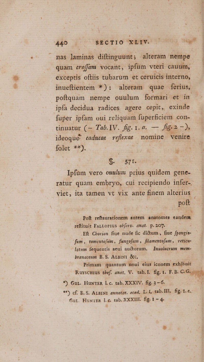 | à 4o $ÉCTIO xps 0500 Hy -— nas TUN diflinguunt; alteram nempe quam croffam vocant, ipfüm vteri cauuüm, exceptis ofliis tubarum et ceruicis interno, inueftientem *): alteram quae ferius, » poftquam nempe ouulum formari et in ipfa decidua radices agere cepit, exinde [uper ipfam oui reliquam fuperficiem con- tinuatur (— Tab. IV. XP9.T14m —- fig. 2 -), ideoque caducat refiexat nomine venire [alec *«). as ^d S. TÉ Ipfüm vero ouulum prius quidem gene- ratur quam embryo, cui recipiendo infer-. viet, ita tamen vt vix ante finem alterius | | poft Poft reftaurationem autem anatomes eandem reftituit FaLLopius obferv. amat. p. 207. | Ef Cborion fiue nude fic di&amp;um , fiue fpongie- fum , tomeutofiin , fuugofum , filamentofum, veticu- latum. fequentis aeui auctorum. — Inaolucrum mem- branaceum B. S. ArBiN1 &amp;c. Primam quantum noui eius iconem. exhibuit RuvscHrus tbef. amat, V. tab.I. fig. 1. F. B. C Gori * Gur. HuNTER lc. tab. XXXIV. fig. 3 - 6- **) cf. B. S. ALBINI annotat. acad, L. L. cab. HT. fig. I. e.