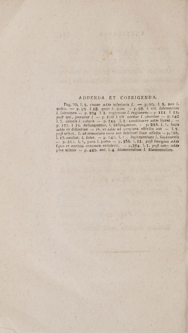 ADDENDA ET CORRIGENDA. Pag.70, l. 5. cauae ade inferioris f. — p.90. |. 6. nos /. nobis. — p.92. J.I8. quae /. quas -- p.98. l. vit. folemnium il. folemnes -- p.IO4 l| 3. regionum 7. regionem -- p. XII. 1 I3, poft qui, ponatur ( -- p. I20.] vlt cordae 7. chordae -- p.142 l.7. caloris L. coloris -- p.I44. l.I. conftituere adde liceat , -- p. 177. | I5. defunguntur, !, defungantur, - p. 2I6. 1. ?, lucis adde et diltantiae —— i^. vt adde ad propiora obie&amp;ta aut -- 1.5. poft ar&amp;et, Ll. ad remotiora vero aut debiliori luce affe&amp;a -- p, 26. ]l. 17. conftat. 4, folet. -- p. 246. l. t. fuperueniunt 7, fuperuenit -- p.362. k^, poro 7, potro -- p. 855. ', II. poft (megma adde (quo et aurium cerumen retuleris, -- p.384. l.I. poft nato adde plus minus -- p.440. 9t, l. 4. lilamentofum 7, filamentofum. DL ri