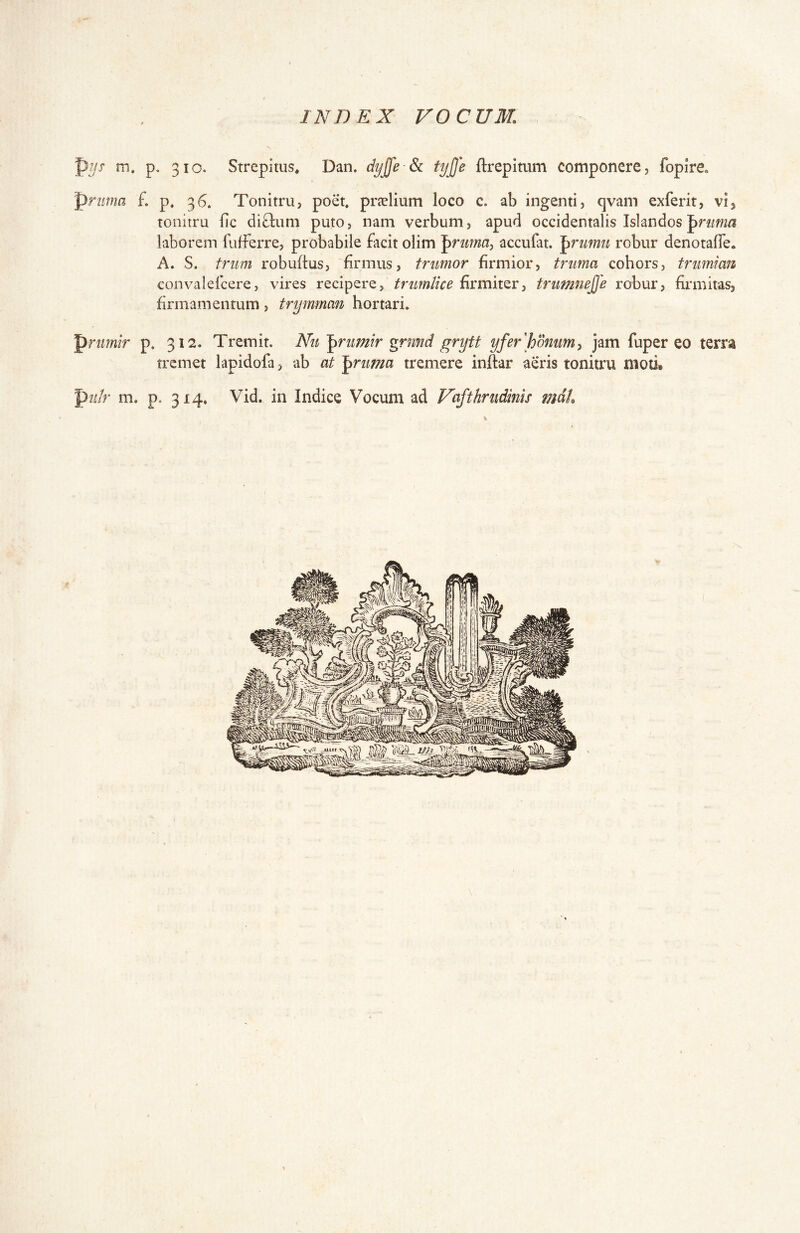 J)//x m. p. 310. Strepitus* Dan. dyJfe Si tyjje ftrepitum componere, foplre. priima f. p* 36. Tonitru, poet, prjelium loco c. ab ingenti, qvam exferit, vi, tonitru fic diftimi puto, nam verbum, apud occidentalis Islandospnmza laborem lufferre, probabile facit olim ^rima^ accufat. '^rumii robur denotafTe. A. S. triim robuftus, firmus, frumor firmior, trima cohors, trimian convalefcere, vires recipere, trumlice firmiter, trumnejje robur, firmitas, firmamentum, trymman hortari. prumir p. 312. Tremit. Nu'prumir grrmd grytf yfer'honimy jam fuper eo terra tremet lapidofa, ab at ^ruma tremere inftar aeris tonitru moti. pzf/r m. p. 314. Vid. in Indice Vocum ad Vafthriidmis mdt.