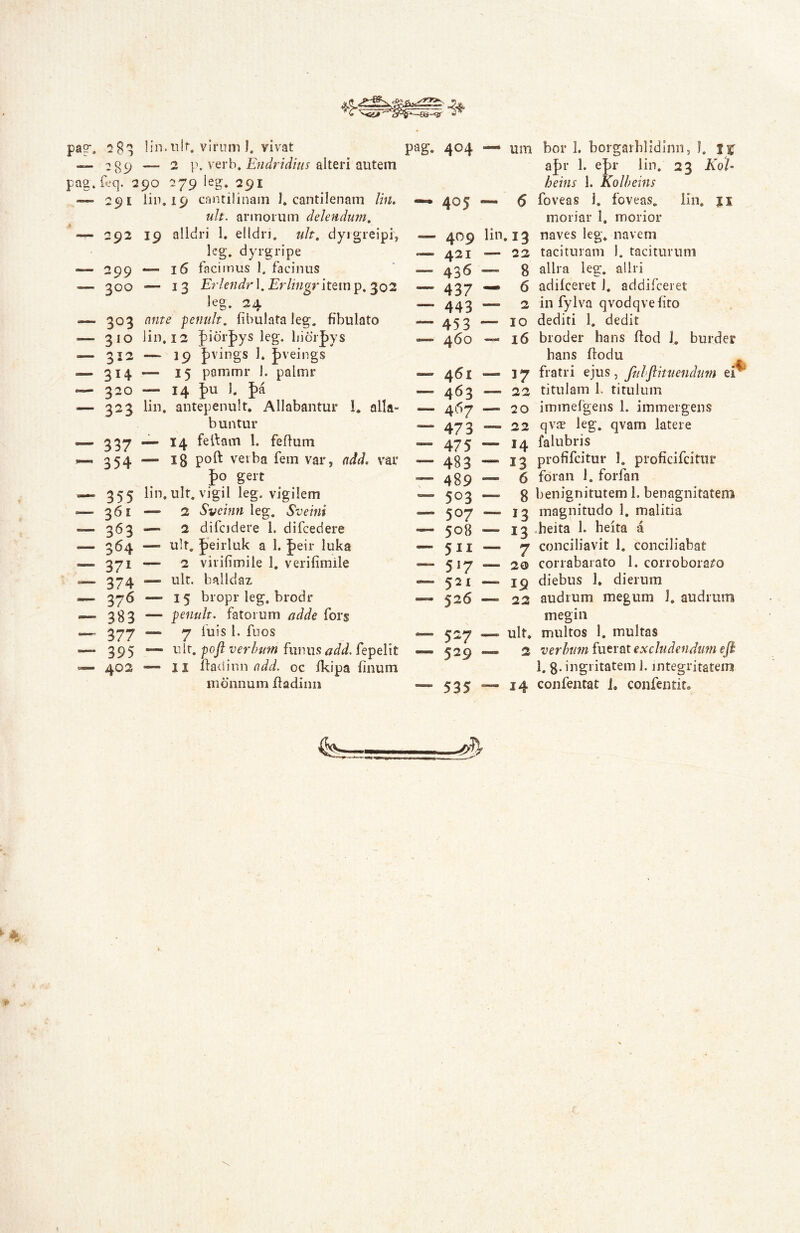 pag*. lin.iiif. virum I. vivat — — 2 p. verb» alteri autem pag. feq. 290 279 ieg. 291 — 291 liu. 19 cnntilinain J. cantilenam lin. ult. armorum delendum^ -— 292 19 alldri 1* elldri. ult, dyigreipi, Icg. dyrgripe — 299 •— l5 facimus 1. facinus — 300 — 13 Erlendr\,Erlingr\ttm^,'^o2 leg. 24 — 303 ante peniilt, fibulata leg. fibulato .— 310 lin. 12 JiorJys leg. biorjys — 312 — 19 Jjvings 1. J)veings — 314 — 15 pammr 1. palmr — 320 — 14 J)U 1. fa — 323 lin. antepenult. Allabantur 1. alla- buntur — 337 — 14 feliam 1. fefium — 354 — 18 poft V eiba fem var, ndd. var J)o gert 355 lin. ult. vigil leg. vigilem — 361 — 2 Sveinn \e^, Sveini — 363 — 2 difcidere 1. difcedere — 364 — ult, J)eirluk a 1. |)eir luka — 371 — 2 virifimile 1, verifimile — 374 — ult. balldaz — 376 — 15 bropr leg. brodi' — 383 — pemlt. fatorum adde fors — 377 — 7 fuis 1. fuos — 395 — ii[t,poftverhum hiimsadd.feipelit 402 — II fladinn oc ikipa finum ludnnum fiadinii pag. 404 um 405 — 5 409 421 436 437 443 453 460 461 463 467 473 475 483 489 503 507 508 511 5^7 521 526 5-7 529 535 lin. 13 — 22 — 8 — 6 — 2 — IO — 16 — 17 — 22 — 20 — 22 — 14 — 13 — 6 — 8 — 13 — 13 — 7 — 20 — 19 — 22 — ult* — 2 — 14 ei bor 1. borgaiblidlnn, I. It ajr 1. e|)r lin. 23 Kol- heins 1. Kolheins foveas J. foveas, lin. ji moriar 1. morior naves leg. navem tacituram 1. taciturum allra leg. allii adilceret 1. addifceret in fylva qvodqvefito dediti 1. dedit broder hans ftod J, burder hans fiodu fratri ejus, fiihflhuendtm titulam 1. titulum immefgens 1. immergens qviE leg. qvarn latere falubris profifcitur 1, proficifcitiir foran J. forfan benignitutem 1. benagnitatem magnitudo 1. malitia .heita 1. beita a conciliavit 1. conciliabat corrabaiato 1. corroborabo diebus 1. dierum audium megum 1. audrum megiii multos 1. multas verhmn fuerat excludendmn eji 1. g. ingiitatem 1. integritatem confeiitat J. confentir* %