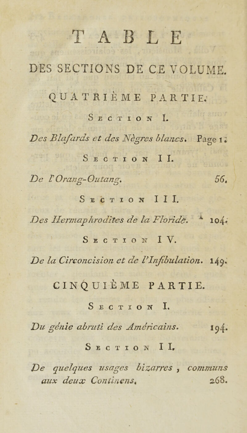 T A B L E DES SECTIONS DE CE VOLUME. QUATRIÈME PARTIE: Section L Des Blafards et des Nègres blancs. Page 1 « Section IL De V Oj'anç-Outansr. 561 O kJ Section III. Des Hermaphrodites de la Floride. * 104- Section IV. De la Circoncision et de VInfibulation. 149. CINQUIÈME PARTIE. S E C T X O N L Du génie abruti des Américains. j Section IL De quelques usages bizarres , communs aux deux Continens% 2.68.