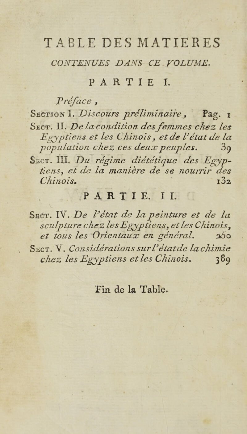 TABLE DES MATIERES CONTENUES DANS CE VOLUME. PARTIE I. Eréface , Section I. Discours préliminaire, Pag. i Sect. IL De la condition des femjnes chez les Egyptiens et les Chinois, et de Vétat de la population chez ces deux peuples. 3^ Sect. III. Du régime diététique des Egyp- tiens, et de la manière de se nouirir des Chinois. 102 PARTIE. II. Sect. IV. De l’état de la peinture et de la sculpture chez les Egyptiens, et le s Chinois, et tous les Orientaux en général. a5o Sect. V. Considérations suri’état de la chimie chez les Egyptiens et les Chinois. 383 Fin de la Table.