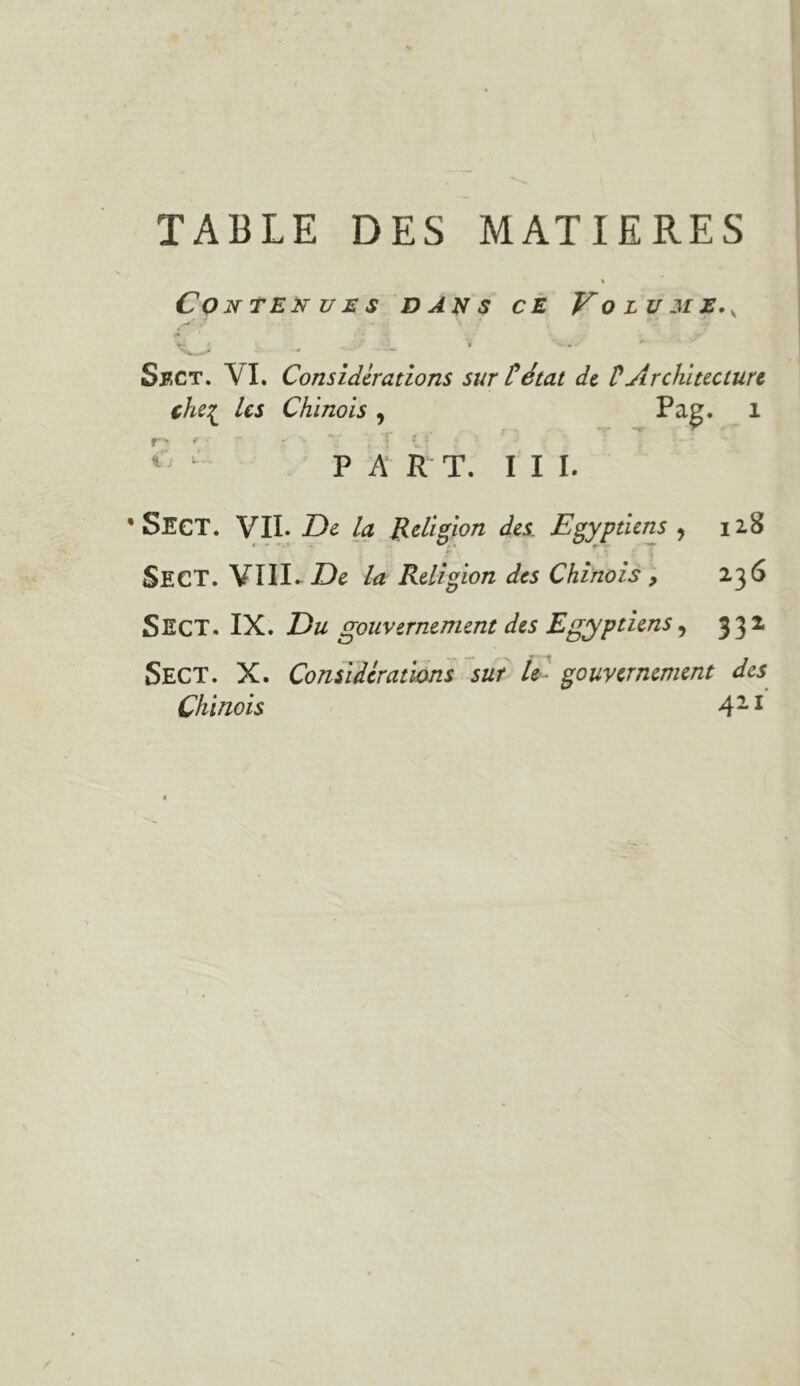 TABLE DES MATIERES Cqnteî^ues dans ce Volume,^ . - ■ - ' SfiCt. VI. Considérations sur t état de P Architecture che:^ Us Chinois, Pag. i ^ ^ P A R T. III. • SecT. VII. De la Religion des. Egyptiens ^ 12.8 SeCT. VIIK jDe la Religion des Chinois'', 236 Sect. IX. Du gouvernement des Egyptiens, 332 Sect. X. Considérations sur îe- gouvernement des Chinois 4-^