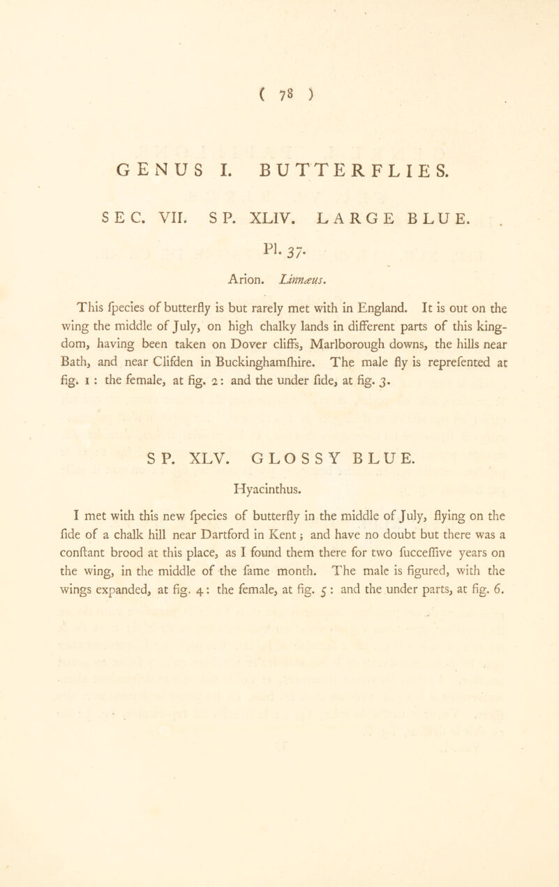 GENUS I. BUTTERFLIES. SEC. VII. S P. XLIV. LARGE BLUE. PI. 37. Arion. Linnæus, This fpecies of butterfly is but rarely met with in England. It is out on the wing the middle of July, on high chalky lands in different parts of this king- dom, having been taken on Dover cliffs, Marlborough downs, the hills near Bath, and near Clifden in Buckinghamfhire. The male fly is reprefented at fig. Ï : the female, at fig. 2: and the under fide, at fig. 3. S R XLV. GLOSSY BLUE. Hyacinthus. I met with this new fpecies of butterfly in the middle of July, flying on the fide of a chalk hill near Dartford in Kent ; and have no doubt but there was a confiant brood at this place, as I found them there for two fuccelfive years on the wing, in the middle of the fame month. The male is figured, with the wings expanded, at fig. 4 : the female, at fig. 5 : and the under parts, at fig. 6.