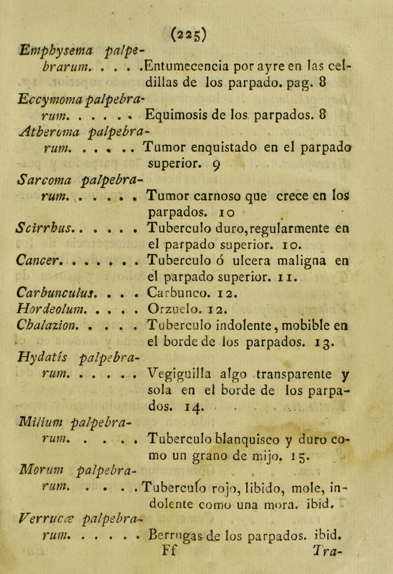 Emphysema palpe- brarutn Entumecencia porayreen las cel- dillas de los parpado, pag. 8 Eccymoma palpebra- Equimosis de los parpados. 8 Atbercma palpebra- rum Tumor enquistado en el parpado superior. 9 Sarcoma palpebra- rum Tumor carnoso que crece en los parpados. 10 Scirrhus Tubérculo duro,regularmente en el parpado superior. 10. Cáncer Tubérculo ó ulcera maligna en el parpado superior. 11. Carbunculus, . . . Carbunco. 12. Hordeolum. .... Orzuelo. 12. Chalazion Tubérculo indolente, mobible en el borde de los parpados. 13. Hydatis palpebra- rum Vegiguilla algo transparente y sola en el borde de los parpa- dos. 14. . Milium palpebra- rum Tubérculo blanquisco y duro co- mo un grano de mijo. 15. Mortim palpebra- Tubercufo rojo, libido, mole, in- dolente como una mora. ibid. Verruc^e palpebra- rum Berrngas d,e los parpados, ibid. Ff Tra-