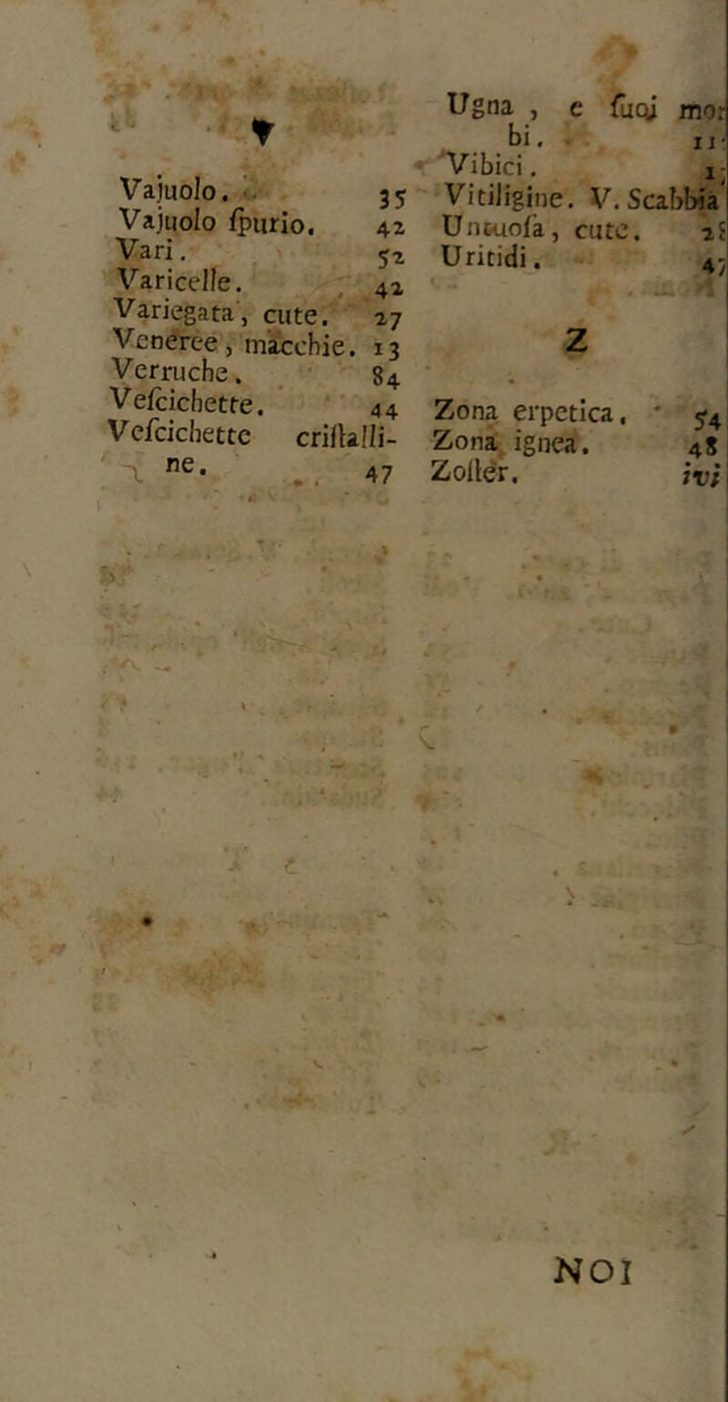 T Vaiuolo. -V 35 Vajuolo fpurio. 42 Vari. 5^ * Varicelle. , 42 Variegata, cute/ 27 Venèree j macchie. 13 Verruche. _ ‘ 84 Veicichette. '44 Vefcichettc crilUlli- . ^ ,, 47 Ugna c fucù mor >, . iJ- V^ibici, I Vitiligine. V. Scabbia Uncuofa, cute. ai Uritidi. 4- Zona erpetica, ' 54 Zona; ignea. 4S Zollér, tvf\ h T •• NOI