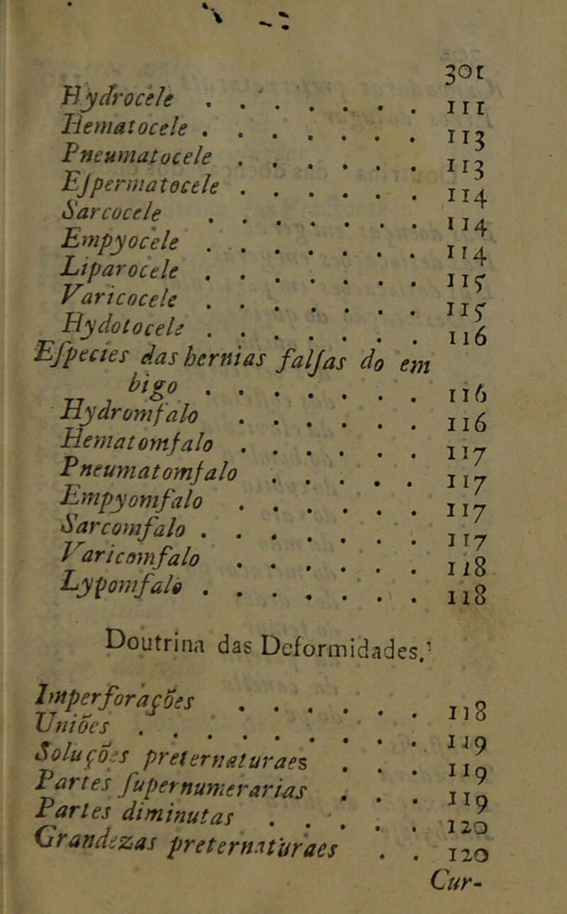 'Byãroctle . liematocele . Pneumatocele Ejperniatocele ò'arcocele Empyocele . Liparocele . Varicocele . ElydotoceU . Efpectes das hérnia higo . Hydromfalo Bematomfalo P neumatomjalo Empyomfalo Sarcomfalo . Varicomfalo Eypomfãlá . faljas do em SOI I r I 114 114 114' iiS” 116 ri6 116 117 117 117 IT7 líS 118 poutrina das Deformidades.’ hnperforaçdes . . . UtiiÕes Soluções preternsturae% P üftes fupernumerarms Parles diminutas . . * Grandezas preternaturaes . 118 .. IJ9 . 119 . JI9 . 120 . 120 Cur^