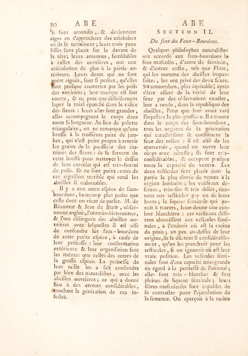 V ^\s font arrondis ,> & deviennent aigus en s’approchant des mâchoires oii ils fe terminent ; leurs trois yeux liftes font placés fur le devant de la tête; leurs antennes , femblables â celles des ouvrières , ont une articulation de plus â la partie an- térieure. Leurs dents qui ne font point aigues, font fi petites , qu’elles Font prefque couvertes par les poils des environs ; leur trompe eft fort courte , & ne peut que difficilement laper le miel épanché dans le calice des fleurs : leurs ailes font grandes , elles accompagnent le corps dans toute fa longueur. Au lieu de palette triangulaire, on ne remarque.qu’une broflë à la troiflème paire de jam- bes , qui n’efl point propre à retenir les grains de la pouilière des éta- mines des fleurs : ils fe fervent de cette broflë pour nettoyer le deffus de leur corcelet qui eft très-fourni de pods. Ils ne font point armés de cet aiguillon terrible qui rend les abeilles li redoutables. Il y a une autre efpèce de faux- bourdons, beaucoup plus petite que celle dont on vient de parler. M. de Réaumur & Jean de Braw , obfer- vaceur anglois, l'ont très-bien connue, & l’ont diflinguée des abeilles ou- vrières avec lefquelles il eft aifé de confondre les faux - bourdons cle cette petite efpèce , à caufe de leur petiteffe : leur conformation extérieure & leur organifation font les mêmes que celles des autres de la grofle efpèce. La petite fie de leur tadle les a fait confondre par bien des naturalises , avec les aoeiiles ouvrières ; ce qui a donné fieu à des erreurs confîdërables, touchant la génération de ces .in le êtes. Section II. Du fexe des Faux - Bourdons. Quelques philofophes naturaliser ont accordé aux faux-bourdons ]« fexe mafeulin , d’autre sle féminin, & d’autres enfin, tels que Pline, qui les nomme des abeilles impar- faites , les ont privé des deux fexes. Swammerdam, plus équitable*, après s’être alluré de la vérité de leur fexe par des obfervations exaéies , leur a rendu , dans la république des abeilles, l’état que leur avoit ravi l’injuftice la plus greffier e. Il a trouvé dans le corps des faux-bourdons , tons les organes de la génération qui cara&érilënt oc confirment le fexe des mâles : il eii aifé de les apercevoir , quand on ouvre leur corps avec ad refie ; ils font très- confidérablcs, & occupent prefque toute la capacité du ventre. Les deux tefiicuîes font places dans la partie la plus élevée du ventre â la région lombaire ; les vaiifeaux dé- féreras , très-fins & très déliés , tien- nent aux tefiicuîes par un de leurs bouts ; la liqueur feminale qui pa- roît à travers, leur* donne une cou- leur blanchâtre : ces vai fléaux défé- rens abouti fient aux véhicules fémi- nales , à Pendrait où eft la racine du pénis ; un peu au-deflùs de leur origine,ils fe dilatent fi confidérabie- ment, qu’on les prendront pour les tefiicuîes , fi on ignoroit où eft leur vraie pofition. Les véhicules lémi- nales font d’une capacité très-grande eu égard à la petiteffe de l’animal ; elles font très - blanches & fort pleines de liqueur féminale ; leurs fibres mufculeufes font capables de fe contrarier pour l’éjaculation de la femence. On aperçoit à la racine