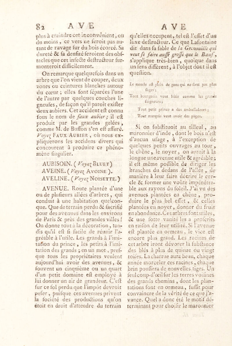 pliis à craindre cet inconvénient ^ ou du moins , ce vers ne ieroit pas au- tant de ravage fur du bois écorcé. Sa dureté & fa denfoéferoient desobf- tacles que cet infede deilriu^eiir fur- mont e roi t difficilement. On remarque quelquefois dans im arbre que Fou vient de couper, deux zones ou ceintures blanches autour du cœur ; elles font féparées l’une de l’autre par quelques couches li- gneufes, de façon qu’il paroît exliler deux aubiers. Cet accident efl connu fous le nom de faux aubier ; il ed produit par les grandes gelées , comme M. de Buffon s’en ed affiiré. Voyei^ Faux Aubier , oii nous ex- pliquerons les accidens divers qui concourent à produire ce phéno- mène lingulier. AUBISOIN. ( Foyei^UJ^-ï) A VEINE. ( Voye^ Avoine ). AVELINE. ( Foyei Noisette. ) AVENUE. Route jdantée d’une ou de plüfieurs allées d’arbres , qui conduit à une habitation quelcon- que. Que de terrain perdu & facrifié pour des avenues dans les environs de Paris & près des grandes villes ! On donne tout a la décoration , tan- dis qu’il ed fi facile de réunir Fa- gréable à Futile. Les grands à Fimi- lafion du prince , les petits à Firni- talion des grands ; en un mot, pref- que tous les propriétaires veulent aujourd’hui avoir des avenues, & fouvent un cinquième ou un quart d’un petit domaine efi employé à lui donner un air de grandeur. C’efl fur ce fol perdu que Fimpôt devroit pefer , puifque ces avenues privent la fociéîé des produèlions qiFon étoit en droit d’attendre du terrain qu’elles occupent, teleft l’effet d’ua luxe deflruèleur. Ce que Lafontaine dit dans fa fable de la Grenouille qui veutfe faire au(Ji grofe que le Bceuf ^ s’applique très-bien, quoique dans un fens différent, à l’objet dont ileil ■que fl ion. Le monde efl plein de gens qui ne font pas plus fages ; Tout bourgeois veut bâtir comme les grands en %j ieigneurs ; Tout petit prince a des ambaiTadeurs ; Tovit marquis veut avoir des pages. Si on fiîbfliruoit au tilleul-, au maronnier d’inde , dont le bois n’eft d’aucun ufage , à l’exception de quelques petits ouvrages au tour , le chêne ,, le noyer , on auroit à la longue une avenue utile & agréable ; il eit même poifible d@ diriger les branches du dedans de l’allée , de manière à leur faire décrire le cer-' cle former une voûte impénétra- ble aux rayons du foleii. J’ai vu des avenues plantées en chêne , pro- duire le plus bel .effet , 6c celles plantées en noyer, donner du fruit e n a bo n d a n c e. C e s ar b r e s fo n t u i il es, oC une forte vanité les a proferirs en raifon de leur utilité. Si Favenue eû plantée en ormeau, le vice eil encore plus grand. Les racines de ceî arbre iront dévorer la fubifance des blés à plus de quinze ou vingt îoifes. La charrue aura beau, chaque année morceler ces racines , chaque brin poiiflera de nouvelles tiges. Un- feulcoup-d’œilfur les terres volilaes des grands chemins , dont les plan- tations font en ormeau, fuffic pour convaincre de la vérité de ce que j’a- vance. Quel a donc été le motif dé» terminant pour choifir le maroaniler