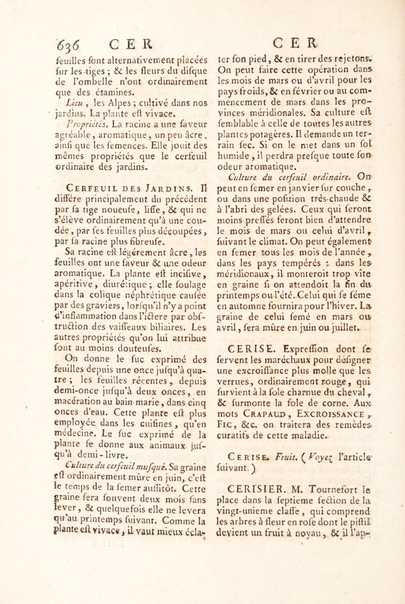 feuilles font alternatlvotrient placées fur les-tiges ; les fleurs du difque de rombelle n’ont ordinairement que des étamines. Lku 5 les Alpes ; cultivé dans nos ' jardins. La plante ell vivace. Propriétés. La racine a une faveur agréable , aromatique, un peu âcre , ainfi que les femences. Elle jouit des mêmes propriétés que le cerfeuil ordinaire des jardins.. Cerfeuil des Jardins. Il diffère principalement du précédent par fa tige noueufe, liffe, & qui ne s’élève ordinairemenr qu’à une cou- dée , par fes feuilles plus découpées, par fa raciiae plus fibreufe. Sa racine eîl légèrement âcre , les feuilles ont une faveur & une odeur aromatique. La plante eft incifive, apériîive, diurétique; elle foulage dans la colique néphrétique caufée par des graviers, lorfqu’il n’y a point d’inflammation dans l’iêlere par obf- truêlion des vaifTeaux biliaires. Les autres propriétés qu’on lui attribue font au moins douteufes. On donne le fuc exprimé des feuilles depuis une once jufqu’à qua- tre ; les feuilles récentes,, depuis dcmi-once jnfqu’à deux onces, en macération au bain-marie, dans cinq onces d’eau. Cette planfe efl plus ernployée dans les cuifines , qu’en médecine. Le fuc exprimé de la f^ donne aux animaux jiif- qu’à demi-livre. Culture du cerfiuilmufquè. Sa graine efl ordinairement mûre en juin, c’efl le temps de la femer aiiffitôt. Cette graine fera fouvent deux mois fans lever, St quelquefois elle ne lèvera qu au printemps fuivanr. Gomme la plante efl vivace 3 il vaut mieux écla?- ter fon pied, & en tirer des rejetons^ On peut faire cette opération dans les mois de mars ou d’avril pour les pays froids, & en février ou au com- mencement de mars dans les pro-* vinces méridionales. Sa culture efl femblable à celle de toutes les autres plantes potagères. Il demande un ter- rain fec. Si on le n^iet dans un fol humide , il perdra prefqiie toute fom odeur aromatique. Culture du cerfeuil ordinaire. On peut en femer en janvier fur couche ou dans une pofltion très^chaude à l’abri des gelées. Ceux qui feront moins preffés feront bien d’attendre le mois de mars ou celui d’avril fuivantle climat. On peut également en femer tous les mois de l’année ^ dans les pays tempérés t dans les méridionaux, il monteroit trop vite en graine fi on aîtendoit la fin du- printemps ou rété.-Celui qui fe féme en automne fournira pour l’hiver. La graine de celui femé en mars oii- avril J fera mûre en juin ou juillet. CERISE. ExprefTion dont fe fervent les maréchaux pour défigner une excroiÜance plus molle que les verrues, ordinairement rouge, qui fiirvient àla foie charnue du cheval y furmonte la foie de corne. Aux- mots Crapaud , Excroissance ^ Fig, on traitera des remèdes> curatifs de cette maladie.. Cerise. Fruit, ( Voye^ l’articls’ fuivant, ) CERISIER. M. Tournefort le place dans la fepîieme fedion de la vingt-unieme claffe , qui comprend les arbres à fleur en rofe dont le piûil devient un fruit à noyau ^ & il l’ap^.