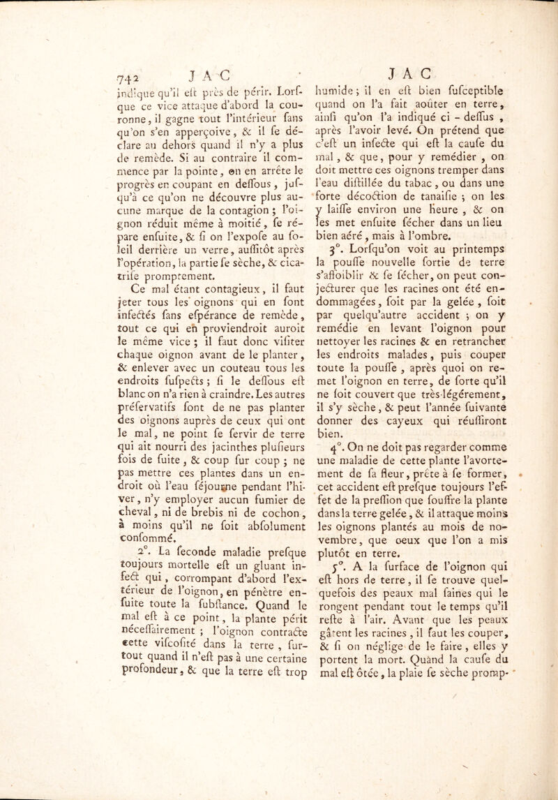 indique qu’il eit près de périr. Lorf- que ce vice attaque d'abord la cou- ronne 5 il gagne tout l'intérieur fans qu’on s'en apperçoive, & il fe dé- clare au dehors quand il n’y a plus de remède. Si au contraire il com- mence par la pointe, ©n en arrête le progrès en coupant en deffous , jüf- qu’à ce qu'on ne découvre plus au- cune marque de la contagion ; l'oi- gnon réduit même à moitié, fe ré- pare enfuite,& fi on Fexpofe au fo- leil derrière un verre, auflitôt après fopération, la partie fe sèche, & cica- triie promptement. Ce mal étant contagieux, il faut jeter tous les oignons qui en font infeélés fans efpérance de remède, tout ce qui en proviendroit auroit îe même vice ; il faut donc vifiter chaque oignon avant de le planter, & enlever avec un couteau tous les endroits fufpeéts ; fi îe deffous eft blanc on n'a rien à craindre. Les autres préfervatifs font de ne pas planter des oignons auprès de ceux qui ont îe mal ^ ne point fe fervir de terre qui ait nourri des jacinthes plufieurs fois de fuite, & coup fur coup ; ne pas mettre ces plantes dans un en- droit où l'eau féjourne pendant l’hi- ver , n'y employer aucun fumier de cheval, ni de brebis ni de cochon^ à moins qu’il ne foit abfolument confommé, 2°. La fécondé maladie prefque toujours mortelle eft un gluant in- feâ: qui , corrompant d'abord l'ex- térieur de l’oignon, en pénètre en- fuite toute la fubftance. Quand le mal eft a ce point, la plante périt nécellairement ; l’oignon contraéle €ette vifcofité dans la terre , fur- tout quand il n'eft pas à une certaine profondeur * & que la terre eft trop i humide ; il en eft bien fufceptibîe quand on l'a fait aoûter en terre, ainfi qu’on l’a indiqué ci - defiùs , après l'avoir levé. On prétend que c'eft un infeèle qui eft la caufe du mal, & que, pour y remédier , on doit mettre ces oignons tremper dans beau diflillée du tabac , ou dans une forte décoéêion de tanaifie -, on les laifle environ une heure , de on es met enfuite fécher dans un lieu bien aéré , mais à l'ombre. 3°. Lorfqu'on voit au printemps la pouffe nouvelle fortie de terre s'aftoiblir de fe fécher, on peut con- jecturer que les racines ont été en- dommagées , foit par la gelée , foit par quelqu'autre accident on y remédie en levant l'oignon pour nettoyer les racines êc en retrancher les endroits malades, puis couper toute la pouffe , après quoi on re- met l’oignon en terre, de forte qu'il ne foit couvert que très-légérement, il s'y sèche, & peut l'année fuivante donner des cayeux qui réuffiront bien. 4°. On ne doit pas regarder comme une maladie de cette plante l'avorte- ment de fa fleur, prête à fe former, cet accident eft prefque toujours l'ef- fet de la preffion que fouftre la plante dans la terre gelée, & il attaque moins les oignons plantés au mois de no- vembre , que oeux que l'on a mis plutôt en terre. ya. A la furface de l’oignon qui eft hors de terre, il fe trouve quel- quefois des peaux mal faines qui le rongent pendant tout îe temps qu’il refte à l’air. Avant que les peaux gâtent les racines , il faut les couper, & fi on néglige de le faire , elles y portent la mort. Quand la caufe du mal eft ôtée, la plaie fe sèche promp- )