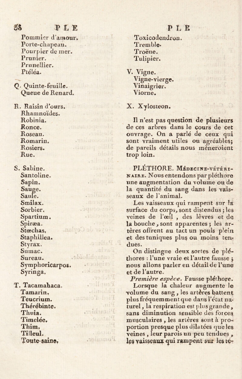 SS PLE Pommier d’amour* Porte-chapeau. Pourpier de mer. Prunier. Prunellier. Ptéléa. Q. Quinte-feuille. Queue de Renard. R. Raisin d’ours* Rhamnoïdes. Robinia. Ronce. Roseau. Romarin. Rosiers. Rue. S. Sabine. SantoHne* Sapin. Sauge. Saule. Smilax. Sorbier. Spartium. Spiræa. Stœchas, Staphillea* Styrax. Sumac. Sureau. Sy mphoricarpos. Syringa, T. Tacamahaca. Tamarin. Teucrium. Thérébinte. Thuia. Timelée* Thim, Tilleul. Toitte-saine* PLE Toxicodendron. Tremble® Troëne. Tulipier. V. Vigne. Vigne-vierge. Vinaigrier. Viorne* X. Xylosteon. Il n’est pas question de plusieurs de ces arbres dans le çours de cet ouvrage. On a parlé de ceux qui sont vraiment utiles ou agréables; de pareils détails nous mèneroient trop loin. PLÉTHORE. Médecine-vétérx- waire. Nous entendons par pléthore une augmentation du volume ou de la quantité du sang dans les vais- seaux de l’animal. Les vaisseaux qui rampent sur la surface du corps,, sont distendus ; les veines de l’œil , des lèvres et de la bouche ^ sont apparentes; les ar- tères offrent au tact un pouls plein et des tuniques plu§ ou moins ten- dues. On distingue deux sortes de plé- thores : l’une vraie et l’autre fausse ; nous allons parler en détail de l’une et de l’autre. Première espèce. Fausse pléthore. Lorsque la chaleur augmente le volume du sang , les artères battent plus fréquemment que dans l’état na- turel , la respiration est plus grande , sans diminution sensible des forces musculaires , les artères sont à pro- portion presque plus dilatées que les veines , leur parois un peu tendues * les vaisseaux <jui rampent sur les té-