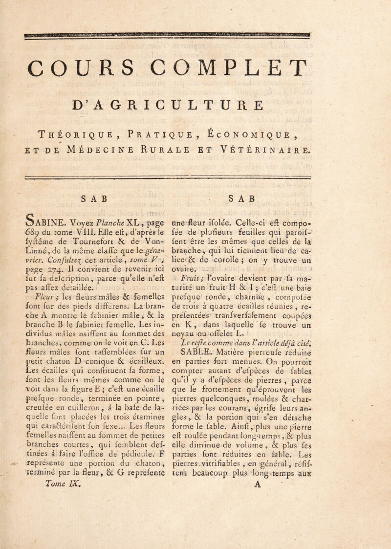 COURS COMPLET D’AGRICULTURE Théorique, Pratique , Économique , et de Médecine Rurale et Vétérinaire. SAB 1 f ? f- ■: ■*' OABINEr Voyez Planche XL, page 689 du tome VIH. Elle eft, d’après le lyftême de Tournefort 8c de Van- Linné , de la même ciaffe que le gène-* vrier. Confulte% cet article , tome V j page 274. Il convient de revenir ici fur fa defcripsion, parce qu’elle n’efl: pas affez détaillée. Fleur ; les fleurs mâles & femelles font fur des pieds différen-s. La bran» che À montre iè fabinier mâle, & la branche B le fabinier femelle. Les in- dividus mâles naiffent au fommet des branches, comme on le voit en C. Les fleurs mâles font raffemblées fur un petit chaton D conique 8c écailleux. Les écailles qui confiituent fa forme, font les fleurs mêmes comme on le voit dans la figure E; c’eft une écaille prefque ronde, terminée en pointe, creufée en cuilieron, a la bafe de la- quelle font placées les trois étamines qui caraftérifent fon fexe... Les fleurs femelles naiffent au fommet de petites branches courtes, qui fernblent def- tinées à faire l’office de pédicule. F représente une portion du chaton, terminé par la fleur, & G repréfente Tome IX. SAB une fleur ifolée. Celle-ci efl compo fée de plu fleurs feuilles qui paroif» fent être les mêmes que celles de la branche, qui lui tiennent lieu de ca- lice- et de corolle; on y trouve un ovaire. ; Fruit; l’ovaire devient par fa ma- turité un fruit H & I ; c’efi une baie prelque ronde, charnue , compofée de trois à quatre écailles réunies, re- préientées tranfverfalement coupées en K, dans laquelle fe trouve un noyau ou offelet L. Le refle comme dans Varticle déjà cité* SABLE. Matière pierreufe réduite en parties fort menues. On pourroit compter autant d’efpèces de fables qu’il y a d’efpèces de pierres , parce que le frottement qu’éprouvent les pierres quelconques, roulées & char- riées par les courans, égrife leurs an- gles , 8c la portion qui s’en détache forme le fable. Ainfi, plus une pierre eft roulée pendant long-temps, & plus elle diminue de volume, & plus fes parties font réduites en fable. Les pierres vitrifiables , en général, rëfif* tent beaucoup plus long-temps aux A