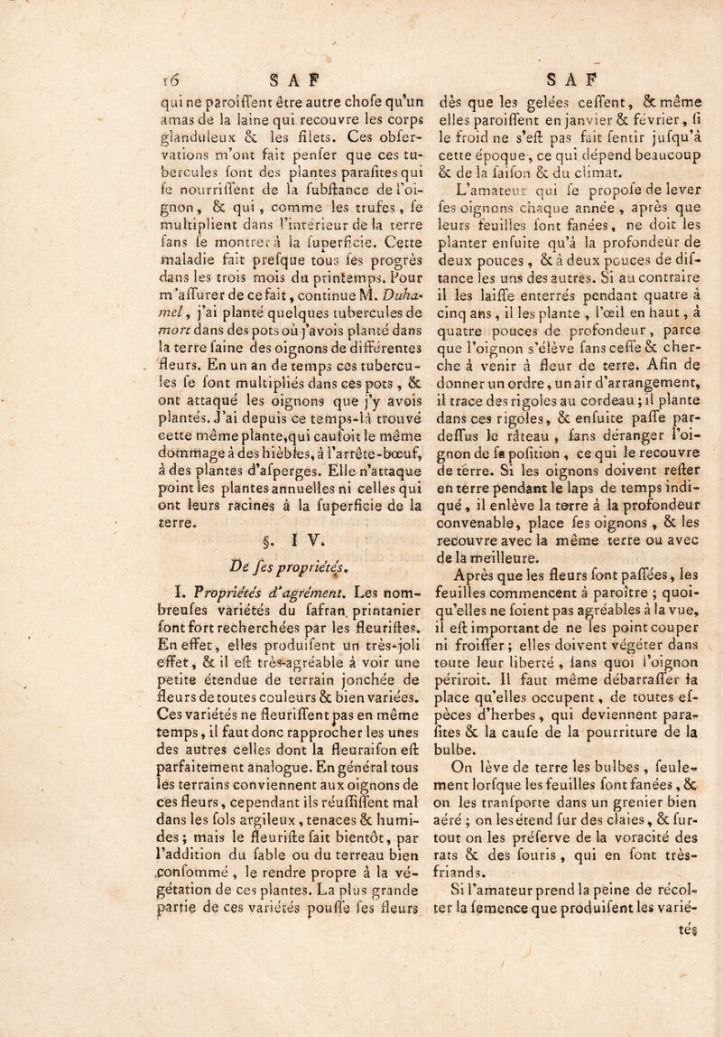 ï6 SAP qui ne paroiffent être autre chofe qu’un amas de la laine qui recouvre les corps glanduleux & les filets. Ces obier- varions m’ont fait penfer que ces tu- bercules font des plantes parafites qui fe nourriiTent de la iubffance de roi- gnon, 8c qui, comme les trufes, le multiplient dans l'intérieur de la terre fans fe montrera la fuperficie. Cette maladie fait prefque tous fes progrès dans les trois mois du printemps. Pour m’affurer de ce fait, continue M. Duha- mel , j’ai planté quelques tubercules de mort dans des pots où j’avais planté dans la terre faine des oignons de différentes fleurs. En un an de temps ces tubercu- les le iont multipliés dans ces pots , 6t ont attaqué les oignons que j’y avais plantés. J’ai depuis ce temps-la trouvé cette même plante,qui cauioit le même dommage à des hièbîes, à l'arrête-bœuf, à des plantes d’afperges. Elle n’attaque point les plantes annuelles ni celles qui ont leurs racines à la fuperficie de la terre. §. I V. De fes propriétés. I. Propriétés d* agrément. Les nom- bre ufes variétés du fafran printanier font fort recherchées par les fleurifies. En effet, elles produifent un très-joli effet, 6c il eff très-agréable à voir une petite étendue de terrain jonchée de fleurs de toutes couleurs 6c bien variées. Ces variétés ne fleuriffent pas en même temps, il faut donc rapprocher les unes des autres celles dont la fleuraifon eff parfaitement analogue. En général tous les terrains conviennent aux oignons de ces fleurs, cependant ils réuffiffent mal dans les fols argileux , tenaces 6c humi- des ; mais le fleuriffe fait bientôt, par l’addition du fable ou du terreau bien «confommé , le rendre propre à la vé- gétation de ces plantes. La plus grande partie de ces variétés pouffe fes fleurs S A F dès que les gelées ce fient, 6c même elles paroiffent en janvier 6c février, fi le froid ne s’eff pas fait fentir jufqu’à cette époque, ce qui dépend beaucoup 6c de la faifon 6c du climat. L’amateur qui fe propoie de lever fes oignons chaque année , après que leurs feuilles font fanées, ne doit les planter enfuite qu’à la profondeur de deux pouces, 6c à deux pouces de dif- tance les uns des autres. Si au contraire il les laiffe enterrés pendant quatre â cinq ans, il les plante , l’œil en haut, à quatre pouces de profondeur, parce que l’oignon s’élève fanscefie6c cher- che à venir à fleur de terre. Afin de donner un ordre, un air d’arrangement, il trace des rigoles au cordeau ; il plante dans ces rigoles, 6c enfuite paffe par- deffus le râteau , fans déranger l’oi- gnon de f« pofition , ce qui le recouvre de terre. Si les oignons doivent reffer eft terre pendant le laps de temps indi- qué , il enlève la terre à la profondeur convenable, place fes oignons , 8c les recouvre avec la même terre ou avec de la meilleure. Après que les fleurs font paffées, les feuilles commencent à paroître ; quoi- qu’elles ne foient pas agréables à la vue, il eff important de ne les point couper ni froiffer ; elles doivent végéter dans toute leur liberté , fans quoi i’oignon périroit. Il faut même débarraffer fa place qu’elles occupent, de toutes ef- pèces d’herbes, qui deviennent para* fîtes 6c la caufe de la pourriture de la bulbe. On lève de terre les bulbes, feule* ment lorfque les feuilles font fanées, 8c on les tranfporte dans un grenier bien aéré ; on lesétend fur des claies, 6c fur- tout on les préferve de la voracité des rats 6c des fouris , qui en font très- friands. Si l’amateur prend la peine de récol- ter la femence que produifent les varié- tés