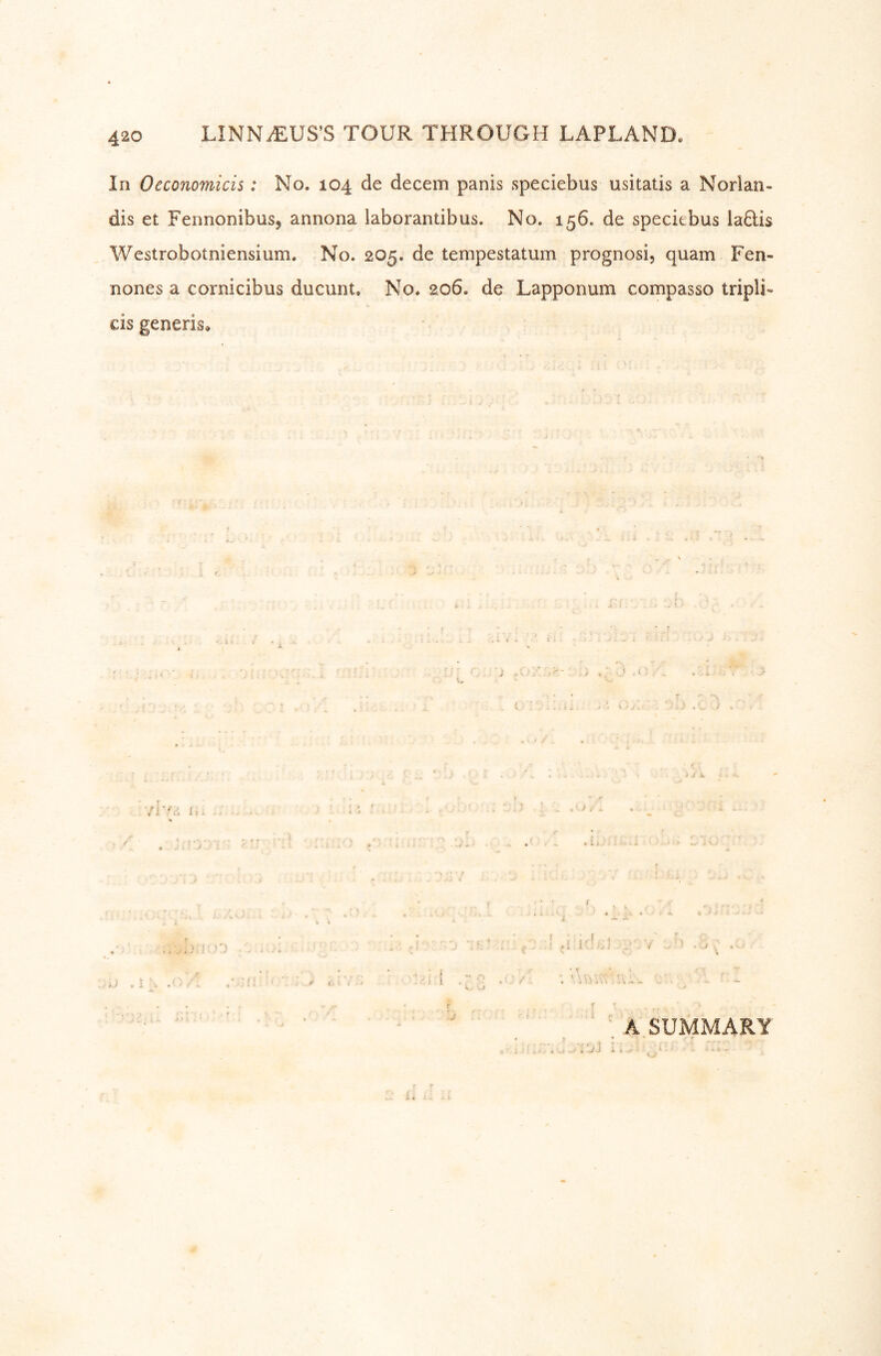 In Oeconomicis: No. 104 de decern panis speciebus usitatis a Norlan- dis et Fennonibusj annona laborantibus. No. 156. de speckbus laQis Westrobotniensium. No. 205. de tempestatum prognosi, quam Fen- nones a cornicibus ducunt. No. 206. de Lapponum compasso tripli- cis generis.  : A SUMMARY i. ..• ' ■ (
