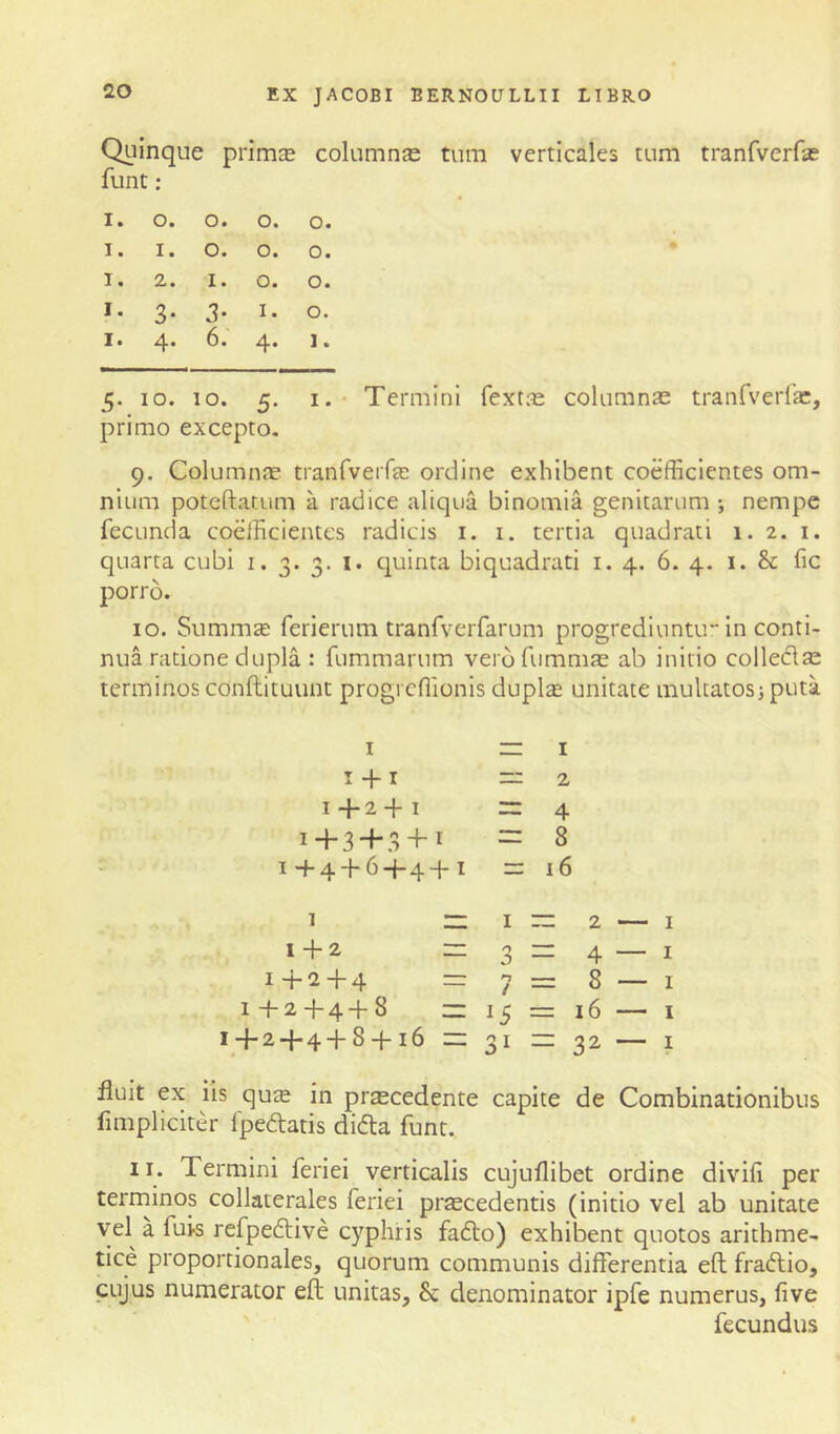 Quinque prim^ columns: turn verticales tum tranfverfs flint; I» O* O* 0» o« I. I. O. O. O. * !• 0» 0« 3* 3’ o* I* 6* ] • 5. 10. 10. 5. I. - Termini fextae columnas tranfverfas, primo excepto. 9. Columns tranfverfe ordine exhibent coefficientes om- nium poteftatum a radice aliqua binomia genitarum-, nempe fecunda coelHcientes radicis i. i. tertia quadrati 1. 2. i. quarta cubi i. 3. 3. i. cjuinta biquadrati i. 4. 6. 4. i. & fic porro. 10. Summs ferierum tranfverfarum progrediuntu in conti- nua ratione dupla : fummarum veidfumms ab initio collecls terminos conftituunt progrcflionis dupls unitate multatos^ puta I r= I T + I — 2 I-f-2+1 = 4 1+3+3+^ = 8 I-4-4d6-I-4-p I — i6 T 1+2 1+2+4 1 -{-2+4+8 1+2+4 + 8 + 16 = 3 = 4—1 = 7 = 8 — I — 15 = 16 — I = 31 = 32 — I fluit ex iis qus in prscedente capite de Combinationibus fimpliciter fpec+atis dida funt. II. Termini feriei verticalis cujuflibet ordine divifi per terrninos collaterales feriei prscedentis (initio vel ab unitate vel a fuis refpedive cyphris fado) exhibent quotos arithme- tice proportionales, quorum communis differentia eft fradio, cujus numerator eft unitas, & denominator ipfe numerus, five fecundus