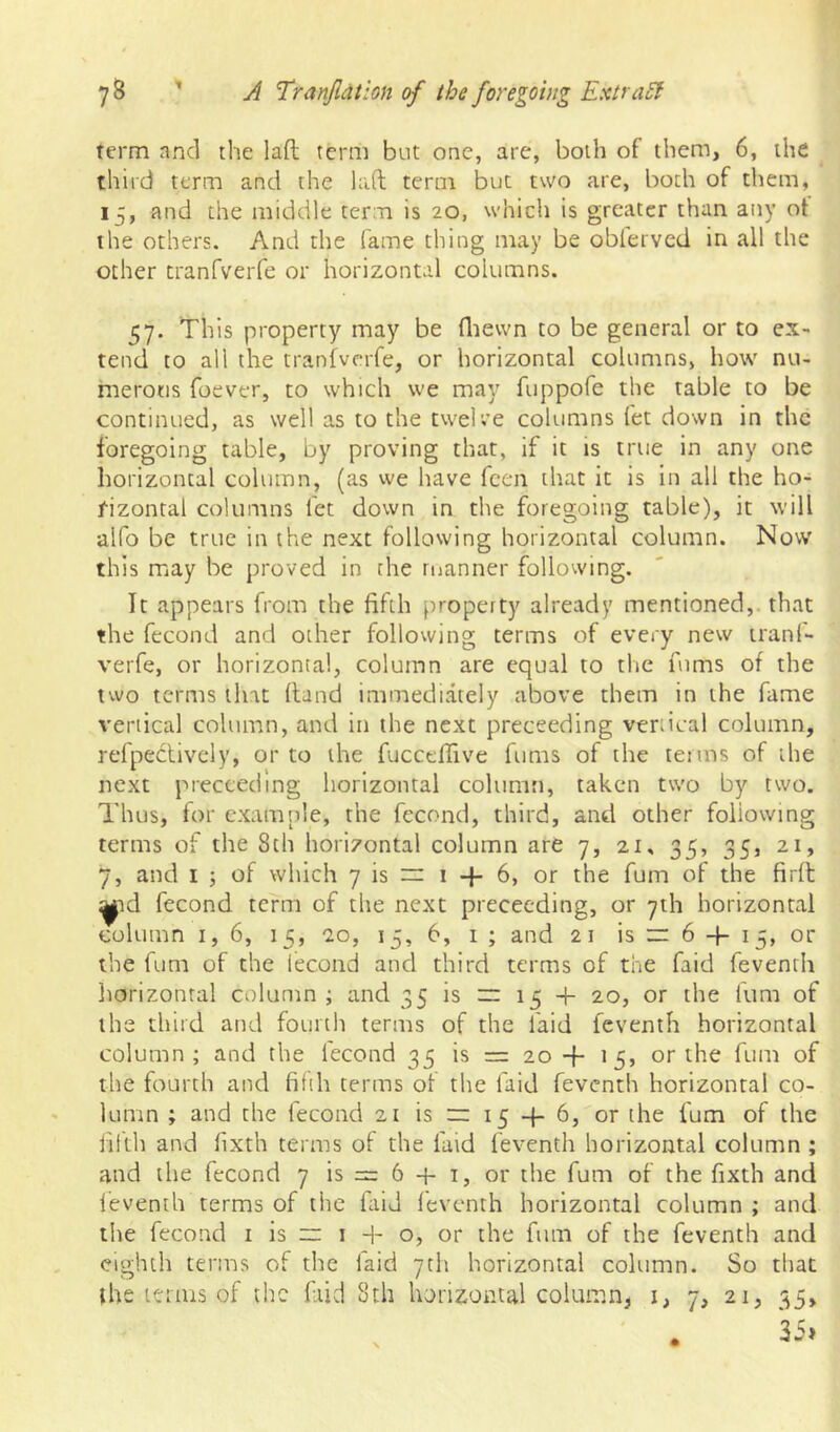 term and the laft term but one, are, both of them, 6, the third term and the laft term but two are, both of them, 15, and the middle term is 20, which is greater than any ot the others. And the fame thing may be obferved in all the other tranfverfe or horizontal columns. 57. This property may be fliewn to be general or to ex- tend to all the tranfverfe, or horizontal columns, how nu- merous foever, to which we may fuppofe the table to be continued, as well as to the twelve columns fet down in the foregoing table, by proving that, if it is true in any one horizontal column, (as we have feen that it is in all the ho- rizontal columns let down in the foregoing table), it will alfo be true in the next following horizontal column. Now this may be proved in the rnanner following. It appears from the fifth property already mentioned,, that the fccond and other following terms of every new iranf- verfe, or horizontal, column are equal to the fnms of the two terms that (land imnaediately above them in the fame vertical column, and in the next preceeding vertical column, rerpebtively, or to the fuccelTive fums of the terms of the next preceeding horizontal column, taken two by two. Thus, for cxamtrle, the fecond, third, and other following terms of the 8th horizontal column are 7, 21, 35, 35, 21, 7, and I ; of which 7 is — 1 -f 6, or the fum of the firft; ^id fecond term of the next preceeding, or 7th horizontal column 1,6, 15, 20, 13, 6, i ; and 21 is “ 6 -f- 15, or the fum of the lecond and third terms of the faid feventh liorizontal column; and 35 is — 13 -p 20, or the fum of the third and fourth terms of the faid feventh horizontal column; and the lecond 33 is = 20+ 15, or the fum of the fourth and fitih terms of the laid feventh horizontal co- lumn ; and the fecond 21 is ~ 15 -f- 6, or the fum of the lilth and lixth terms of the faid feventh horizontal column ; and the fecond 7 is = 6 -p i, or the fum of the fixth and leventh terms of the fiiid leventh horizontal column ; and tlie fecond i is zr i + o, or the fum of the feventh and eighth terms of the laid 7th horizontal column. So that the terms of the faid 8th horizontal column^ i, 7, 21, 33,