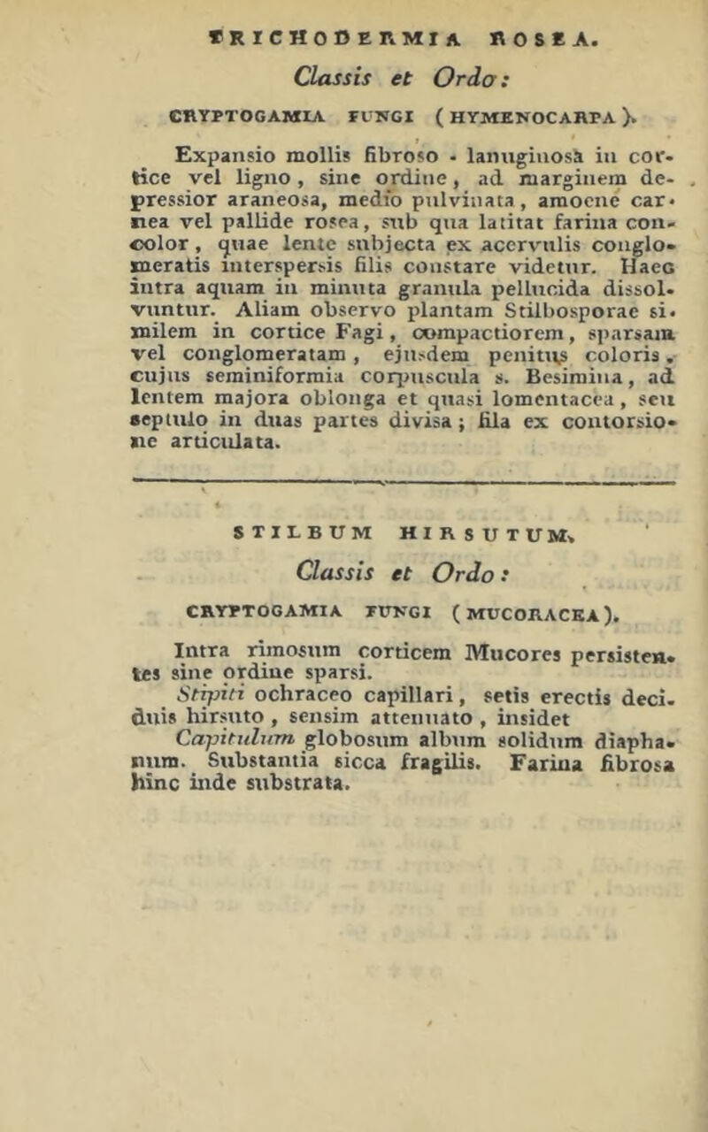 »RICHODERMIA A 0 S E A. Classis et Ordo: CRYPTOGAMIA FVNCI ( HYMENOCARPA ). Expatisio mollis fibroso . lanugiuosä ia cor- tice vel ligno, sine ordine, ad niargiaem de- pressior araneosa, medio pnlviiiata, amocne car* nea vel pallide rosea, siib qua latitat fariiia con- color, quae lentc snbjecta ex accrv'iilis coaglo» peratis interspersis filis coustare videtur. Haec iiitra aquam ia minata graaula pellucida dissol- vuntur. Aliam observo plantam Stilbosporae si- milem in cortice Fagi, compactiorem, sparsam vel conglomeratam , ejasdem pcnittt^ coloris. cujas seminiformia corpuscala s. Besimina, ad lentem majora obloaga et quasi lomentacea, seit •epuilo in diias partes divisa; lila ex coutorsio» ite articulata. STILBUM HIRSUTUM» Classis et Ordo: CRYPTOGAMIA PtTNGI (MUCORACKA). Intra rimosiim corticem Mucores persiste«. tes sine ordiue sparsi. Stritt ochraceo capillari, setis erectis deci. duis hirpto , sensim attenaato , insidet Cajjttnlum globosum albiim solidnm diapha. imm. Substantia sicca fragilis. Fariua fibrosa hinc inde stibstrata.