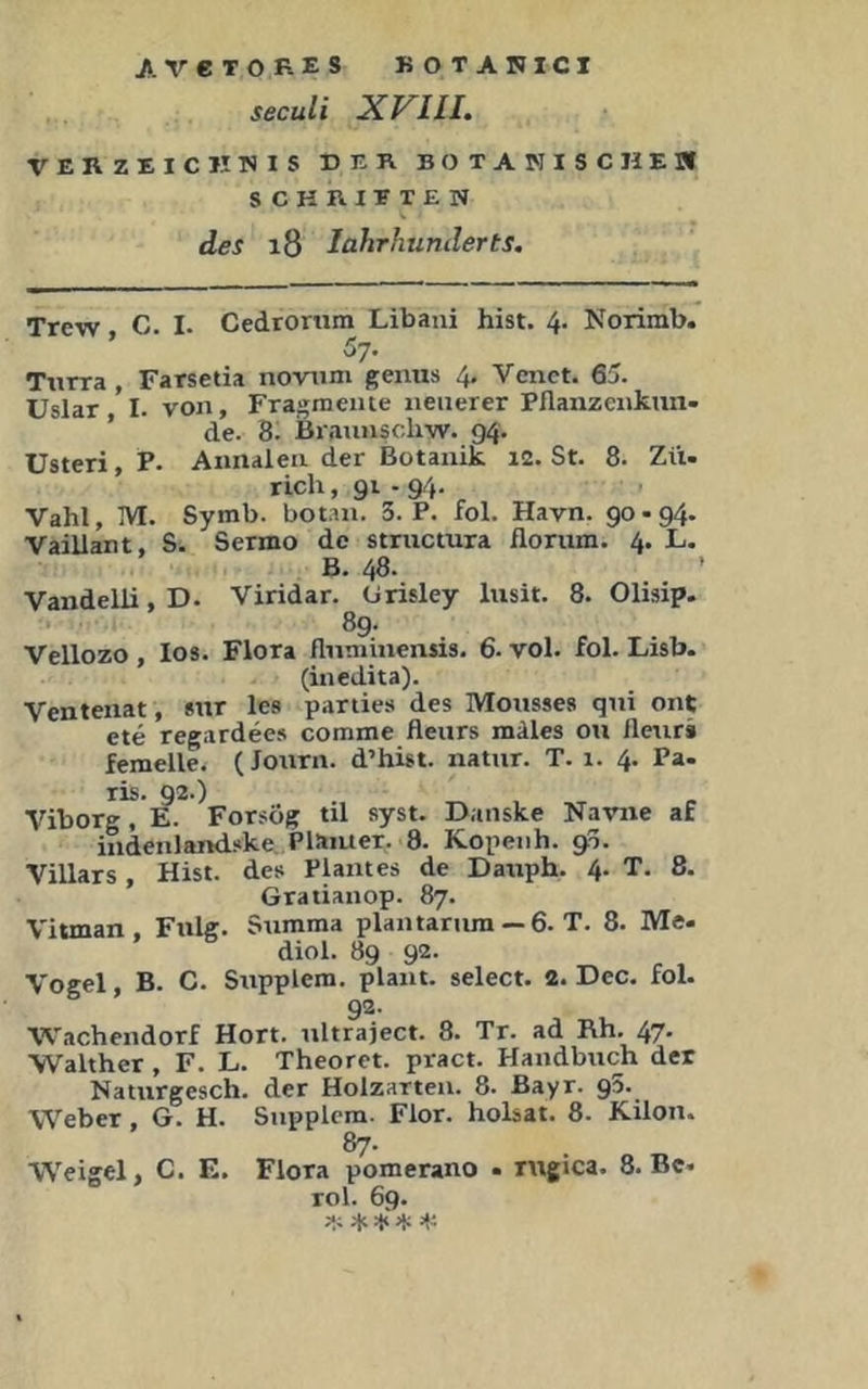 seculi XFIIL VERZEICKWIS DER BOTANISCHEM SCHRITTEN des i8 lahrhumlerts. Trew C. I. Cedroriim Libani hist. 4- Norimb. 57. Ttirra , Farsetia novtini geiitis 4. Venct. 6j. Uslar I. von, Fragmente neuerer Pflanzcnkun- ’ de. 8^ Brannschw. 94. üsteri, P. Annalen der Botanik 12. St. 8. Zu. rieh, 91 - 94. Vahl, M. Symb. botan. 3. P. fol. Havn. 90-94. Vaillant, S. Sermo de structura florum. 4. L,. B. 48. Vandelli D. Viridar. Urisley lusit. 8. Olisip. 89. Vellozo , los. Flora fluniinensis. 6. vol. fol. Lisb- (inedita). Ventenat , snr les parties des Mousses qni ont cte regardees comme fleurs mdles on fleuri femelle. (Journ. d’hist. natur. T. 1. 4. Pa- ris. 92.) Viborg, E. For.<ög til syst. Danske Navne af indenlandske, Platuer. 8. Kopenh. 93. Villars , Hist, des Plant es de Datiph. 4. T. 8. Gratianop. 87. Vitman , Fnlg. Summa plantarum — 6. T. 8. Me- diol. 89 92. Vogel, B. C. Supplcm. plant, select. 2. Dec. fol. ’ 92. Wachendorf Hort, ultraject. 8. Tr. ad Rh. 47. Walther , F. L. Theoret. pract. Handbuch der Naturgesch. der Holzarten. 8. Bayr. gS. Weber, G. H. Supplcm. Flor, holsat. 8. Kilon. 87- Weigel, C. E. Flora pomerano - rugica. 8. Bc. rol. 69.