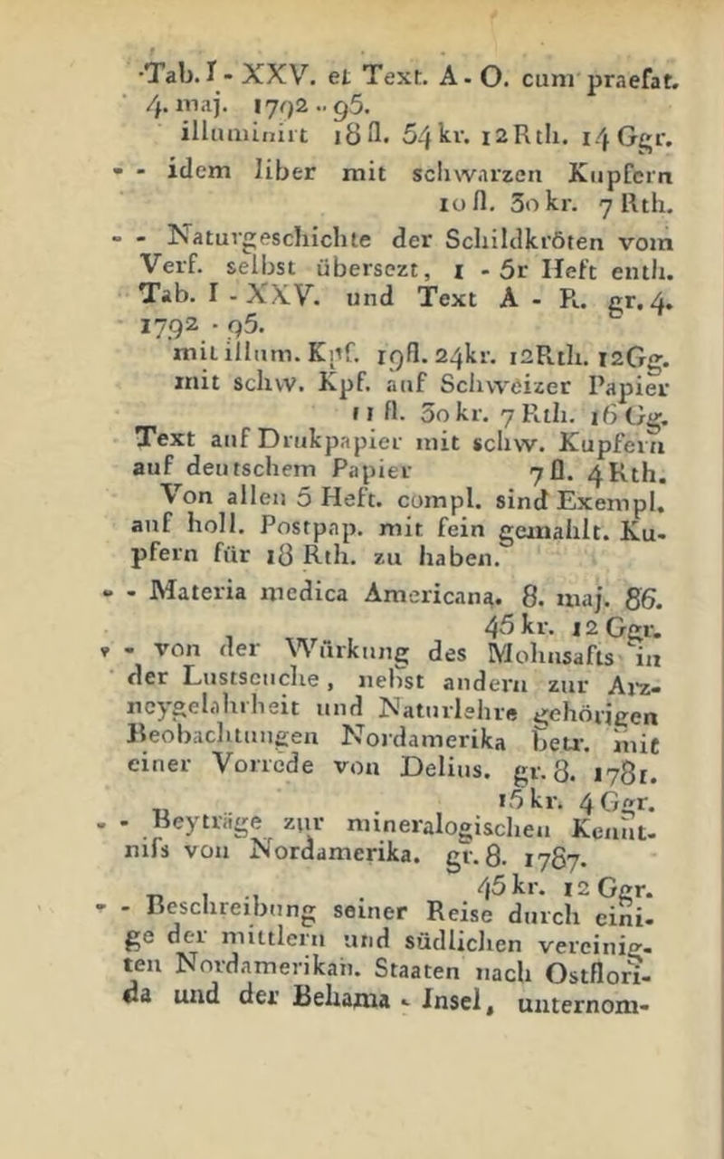 •Tab. I-XXV. et Text. A-O. cum praefat. 4. maj. lyrjz.. 95. illuniiiiiit 18fl. 54kr. i2Rtli. i4Ggr. - - idem über mit sciiwarzen Kupfern IO fl. 3okr. 7 lUh. - - Naturgeschichte der Schildkröten vom Verf. selbst übersezt, i - 5r lieft enth. Tab. I - XXV. und Text A - Pi. er. 4. 1792-95. mit ilium. Kiif. iqH. 24kr. i2P>.th. laGg. mit schvv. Kpf. auf Schweizer Papier II fl. 3okr, 7 Pah. ibGg. Text auf Drukpapier mit scliw. Kupfern auf deutschem Papier 7!]. 4Rth. Von allen 5 Heft, compl. sindExempI. auf holl. Postpap. mit fein geinahlt. Ku- pfern für 18 Rth. zu haben. - - Materia medica American^. 8. maj. 86. 45 kr. i2Ggr. r - von der Würkung des Mohasafls in der Lustsciiche, nebst andern zur Aj'z- ncygel.ihilieit und Naturlehre t^ehörieen Beobachtungen Nordamerika Ceu. inie einer Vorrede von Delius. gr. 8. 1781. . i5kr. 4Ggr. . - Beytrage zur mmeralogischeu Keiiht- mfs von Nordamerika, gr.8. 1787. „ , . 45kr. isGgr. - - Beschreibung seiner Reise durch cini- ge dei mittlern utid südlichen vereinig- ten Nordamerikaii. Staaten nach Ostflori- da und der üeliama •- Insel ^ uiiternoni'-