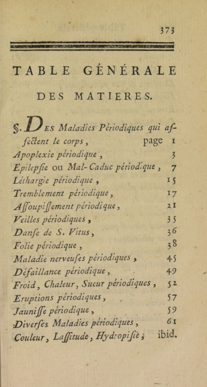 375 TABLE GÉNÉRALE DES MATIERES. §. DES Maladies Périodiques qui af- fectent le corps , I Jipoplexie périodique , Epilepfe ou Mal-Caduc périodique , Léthargie périodique , Tremblement périodique, j4ffoupifement périodique, Veilles périodiques , Danfe de S. Vitus ^ Folie périodique , Maladie nerveufes périodiques , Défaillance périodique, Froid, Chaleur, Sueur périodiques , Eruptions périodiques, Jauniffe périodique, Diverfes Maladies périodiques, Couleur, Lajfuude, Hydropifi'e ; ibid. 3 7 M 17 zi 35 58 45 49 5^ 57 59 61