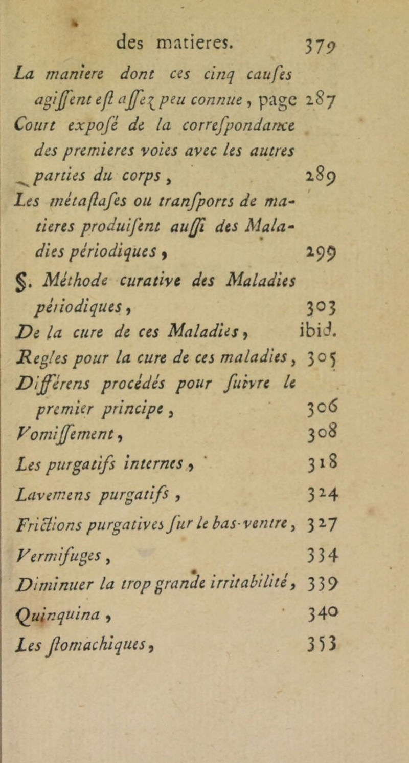 375? La manière dont ces cinq caufes agirent efî peu connue , page 287 Court expofé de la corrtfpondartce des premières voies avec les autres ^parties du corps y iSç) Les métaftafes ou tranfports de ma^ lier es produifent au(fi des Mala- dies périodiques > 199 Méthode curative des Maladies périodiques^ 3^3 De la cure de ces Maladies ibi J. Réglés pour la cure de ces maladies y 305 i Différens procédés pour fuivre le premier principe y ^c6 Vomijfement, 3 Les purgatifs internes > ‘ 3 ^ ^ Lavemens purgatifs , 3^4 Frictions purgatives jiir le bas-ventre, 3 27 Vermifuges, 3 34 Diminuer la trop grande irritabilité, 339 Quinquina ^ ‘ 34® Les Jlomachiqiies, 3 53