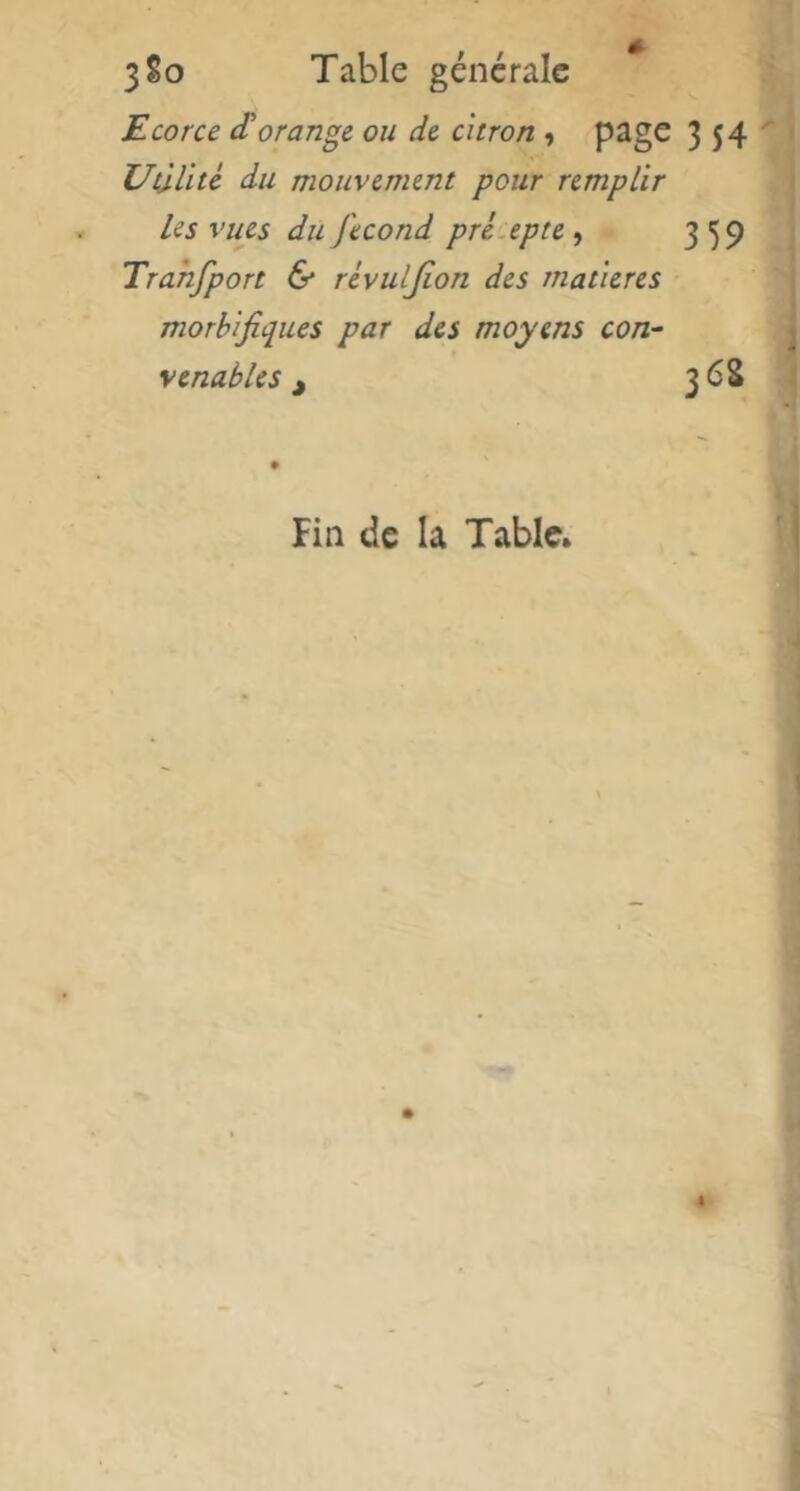 Ecorce orange ou de citron y page 3 54 Udlitè du mouvement pour remplir Les vues du fécond pré epte ^ 359 Trahfport & révuljion des matières morbifiques par des moyens con- venables ^ 36S Fin de la Table.
