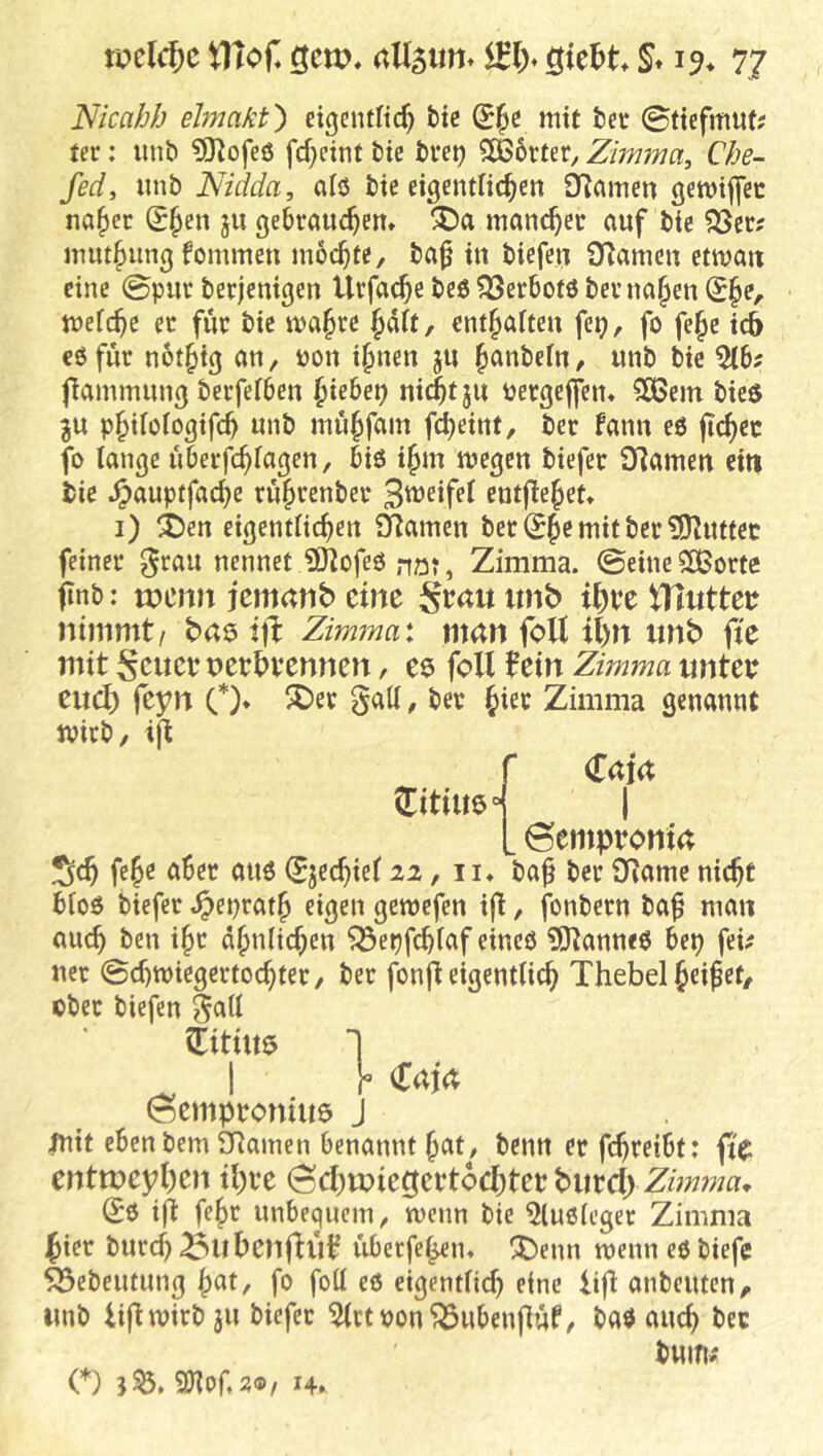 Nicahh elmakt^ eißcntficf) t)tc mit fcet ©tiefmut; ter: iinb ?9^ofeö fd)ctnt bte tvet) 5ß6rter, Zimma^ Che- fed, iinb Nidda, alö tie eigentfic^en [Ramen gemtjiec na§ec g§en ju gebrauchen» X)a mancher auf bie ^er; muthung fommeu mochte, ba^ tu biefen IKameu etmati eine @pur berjemgen Urfache beö föerbotö ber nahen She^ mefche ec für bie mahre enthaften fep, fo fehe icö cöfur nothtg an, oon ihnen ju «ub bie 5fb^ fiammung berfefben hiebep ni(^tju bergeffen» 535em bieö JU ph*föfogifch unb muhfam fd^eint, ber fann eö jichec fo lange überfchfagen, biö ihm megen biefec Dramen ein bie .^auptfachc ruhvenbec eutflehet» i) i)en eigentfichen Ü^amen bet (^h^ mit ber ?0^uttec feiner 0cau nennet iSJZofeö nor, Zimma. ©eineSCßorte ftnb: u?emt jcmdtib eine imb if)vc tTIittteb nimmt/ bae ifl: Zimmax mem foU il)n imb fte mit Scucr nerbvennen, es feil ^etn Zimma imteb cuef) feyn O* h^^'^ Zimma genannt wirb, i|t ^itiue° Caict I L 0emptont4 !^ch fehö öbec au6 ^jechief 22, ii» ba^ ber 9flame nicht bfoö biefer .^eprath ^*9^» gemefen ifi, jbnbern ba^ man auch ih*^ ähnfichen ^epfchfaf eineö 5)^anne6 bep fei; ner @d)tt)iegertochter, ber fonft eigentlich Thebel heißet/ cbec biefen §all ?Tittit5 1 ^ . h €m 0cmpboniii6 j mit ebenbem SRamen benannt ^(xi, benn er fchreibt: (ic. enttneyben tbi-e ^d)voiz^ttto6>itttt>\\xd) Zimma<. (50 ifl fehr unbequem, wenn bie 5lu0leger Zimma Jier burch ^ubcnflii^ iibecfehen» ^enn wenn eo biefe feebeutimg ^cit, fo foll e0 eigentlich eine lifi anbeuten/ imb ti|l wirb 311 biefec ^rtpon^ubenpüf, ba0 auch bec bum; O 9Jlof.2®/ 14»