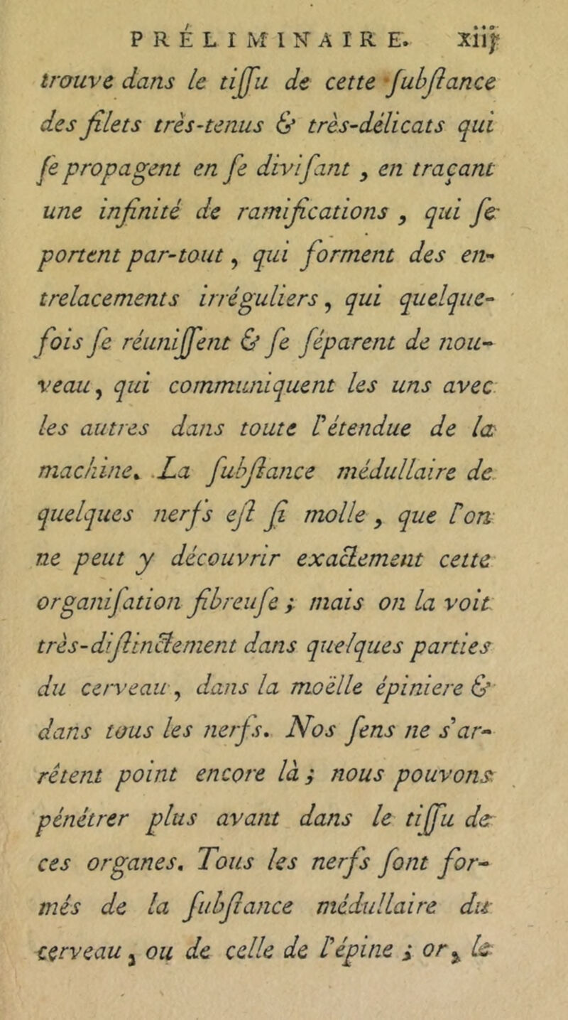 P R E L I I N* A r R E. Xlll* trauve dans le tijfu de cette 'fubjîance des filets très-tenus & très-délicats qui fe propagent en fe divifiant, en traçant une infinité de ramifications , qui fie- portent par-tout, qui fiorment des eiv- trelacements irréguliers ^ qui quelque- fois fie réunifient & fie fiéparent de non- vécut ^ qui communiquent les uns avec les autres dans toute üétendue de let machine^ .La fiuhfiance médullaire de quelques nerfs efl fi molle , que ton ne peut y découvrir exacLemeiit cette organifiation fihreufie y mais on la voit très-difiinclement dans quelques parties du cerveau .y dans la moelle épiniere ù dans tous les nerfs. Léos fiens ne s'ar- rêtent point encore là y nous pouvons^ pénétrer plus avant dans le tifiu de ces organes. Tous les nerfis fiont for- més de la fiuhfiance médullaire du cerveau ^ ou de celle de L'épine i or ^lâ: