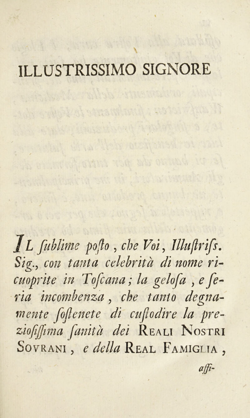 ILLUSTRISSIMO SIGNORE J L fublime pofo, che Voi, Jlluflrifs. Sig.y con tanta celebrità di nome ri- cuoprite in Tofcana ; la gelo fa , e fe- ria incombenza, che tanto degna- mente fofenete di cufiodire la pre- ziofijfma fanità dei Reali Nostri Sovrani , e della Real Famigi ia , affi-