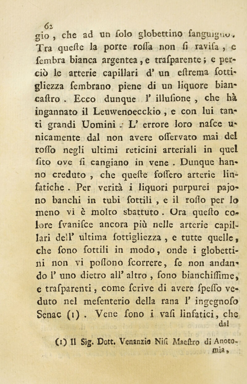 6z gio , che ad un folo globettino languì» uo. Tra quelle la porte roda non fi ravifa , e fembra bianca argentea, e trafparente ; e per- ciò le arterie capillari d* un eftrema fotti- gliezza fembrano piene di un liquore bian- caftro . Ecco dunque 1* illufione , che ha ingannato il Leuwenoecckio, e con lui tan- ti grandi Uomini .* U errore loro nafce u- nicamente dal non avere olfervato mai del rollò negli ultimi reticini arteriali in quel fito ove fi cangiano in vene . Dunque han- no creduto , che quelle fodero arterie lin- fatiche . Per verità i liquori purpurei paio- no banchi in tubi fottili , e il rodo per lo meno vi è molto sbattuto . Ora quello co- lore fvanifce ancora più nelle arterie capil- lari dell’ ultima fottigliezza , e tutte quelle, che fono fottili in modo, onde i globetti- ni non vi podono fcorrere, fe non andan- do 1’ uno dietro all* altro , fono bianchidìme, e trafparenti, come fcrive di avere fpelfo ve- duto nel mefenterio della rana 1’ ir.gegnofo Senac (i) . Vene fono i vali linfatici, che dal (0 II Sig. Dott. Venanzio Nifi Maeftro di Anota. rnia»