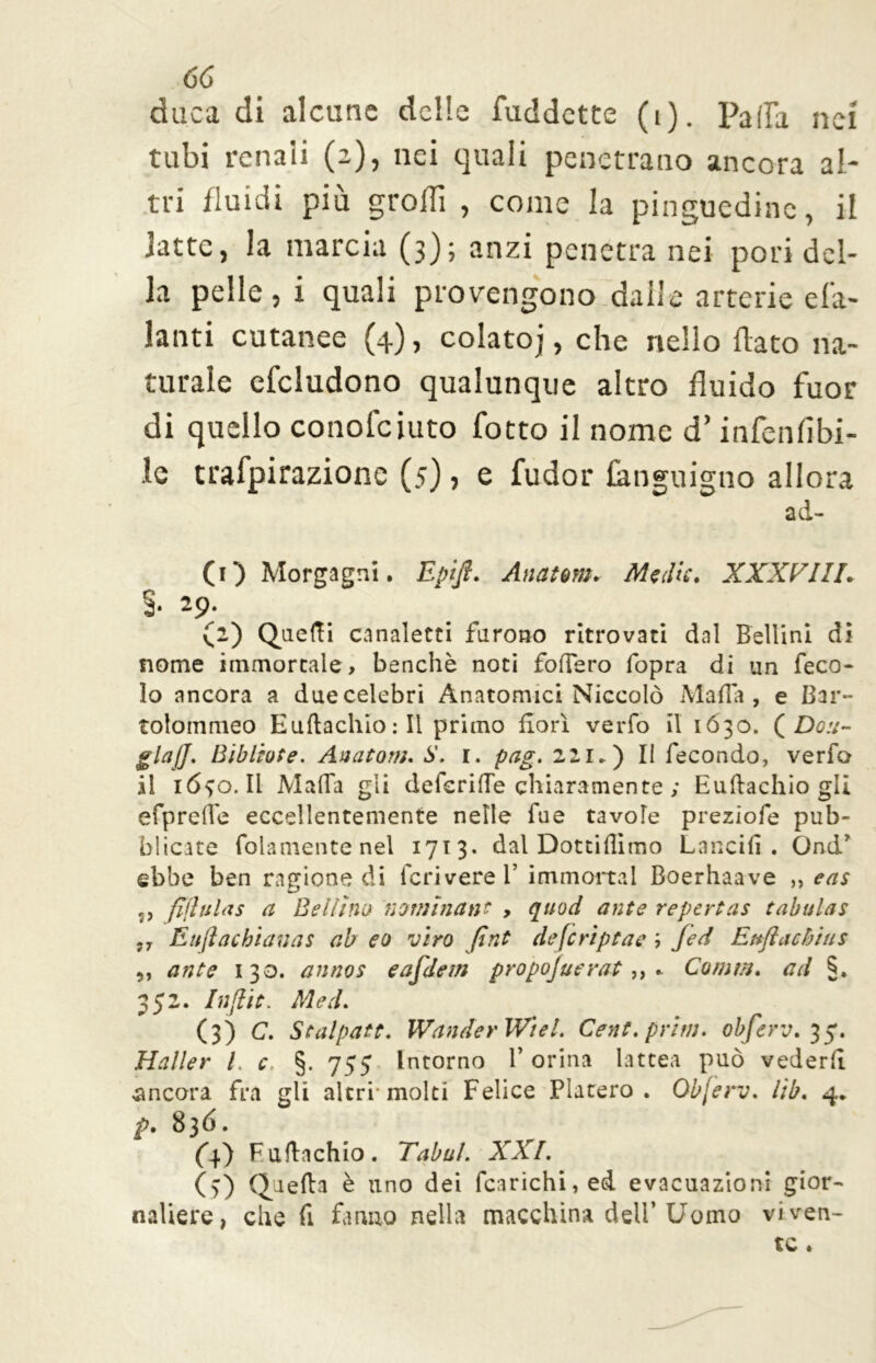 duca di alcune delle fuddette (i). palla nei tubi renali (e), nei quali penetrano ancora al- tri fluidi più grofìì , come la pinguedine, il latte, la marcia (3); anzi penetra nei pori del- la pelle, i quali provengono dalle arterie eia- lauti cutanee (4), colatoj, che nello flato na- turale efcludono qualunque altro fluido fuor di quello conofcjuto fotto il nome d’infallìbi- le aspirazione (5) ? e fudor fanguigno allora ad- (1) Morgagni. Epift. Anatom. Medie. XXXVHI. % 29. (2) Quelli canaletti furono ritrovati dal Bellini di nome immortale, benché noti fodero fopra di un feco- 10 ancora a due celebri Anatomici Niccolò Mafia, e Bar- toloinmeo Euflachioill primo fiorì verfo il 1Ó30. ( Don- glaff. Bibliote. Auatom. S. I. pag. 221. ) II fecondo, verfo 11 lófo. Il Malfa gli deferiffe chiaramente ; Euflachio gli efprefle eccellentemente nelle fu e tavole preziofe pub- blicate folamente nel 1713» dal Dottifiimo Lancili. Ond* ebbe ben ragione di feri vere 1’ immortai Boerhaave ,, eas fìftulas a Bellino nominane , quod ante repertas tabulas Eujlacbìanas ab eo viro fint de [cripta e ; Jed Ettftachius ,, ante 130. annos eaj'dem propojuerat,, . Comm. ad §. 352. Injlit. Med. (3) C. Scalpate. WanderWtel. Cent. prim. obferv.35. Mailer l. c §. 755 Intorno V orina lattea può vederli ancora fra gli altri-molti Felice Piacerò. Objerv. lib. 4* p. 836. (4) F u fin eh io . Tabul. XXI. (>) Quella è uno dei fcarichi,ed evacuazioni gior- naliere, che fi fanno nella macchina dell’Uomo viven- te .