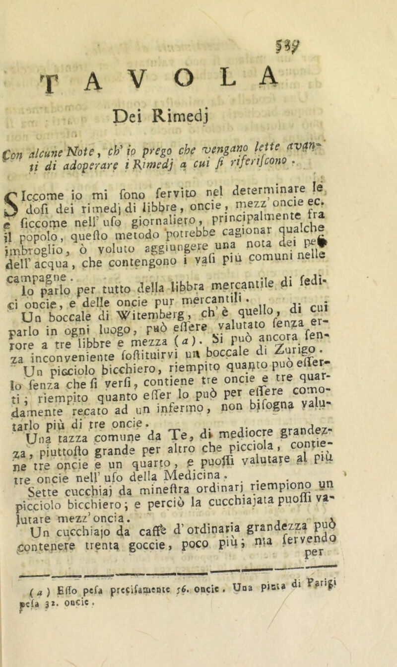 tavola Dei Rimedi i Con alcune Note, cF h prego che tengano lette rtuf?»- ù di adoperare i Kimedj a cui fi riferijcono . siccome io mi fono fervilo nel 3 dofi dei rimedi di libbre, onere e frccome nell’ ufQ giornaliero, ^ il popolo, queQo metodo potrebbe cagionar jualdi ìmbroglio/ò volato agg.ungere una nota de. dell’acqua, che contengono i vah piu comun ^^^o^parlo'per tutto della libbra mercantile di fedi- ci oncie, e delle onde pur . Un boccale di Witemberg , eh e,‘ìtiello, di cu parlo in ogni luogo, può rore a tre libbre e mezza ( a ). bi può ^«cora 1 za inconveniente foftituirvi un boccale di Zurigo. Un picciolo bicchiero. riempito ° P“° ® Io fenra cheli yerfi, contiepe tre ti ; riempito quanto e (Ter lo può per elTere cm damente recato ad un infermo, non bjfopa valu- “ijnr'L'zV'comrnrda Te, di mediocre grandez- za, piuttollo grande per altro c^V^‘t:ciola, cont.e ne tre opeie e un quarto, e puolTi valutare al pi., tre oncie nell’ ufo della Medicina . ^ Sette cucchiai da mineftra ordinari riempiono un picciolo bicchiero; e perciò la cucchiaiata pu lutare mezz’oncia. . j „ Un cucchiaio da caffè d’ordinaria S^andezza P contenere trenta goccie, poco pmi Pia f ( a ) Erto P«fa precifaraente j6. oncie c(a 3*. oncie . Una pisi# di