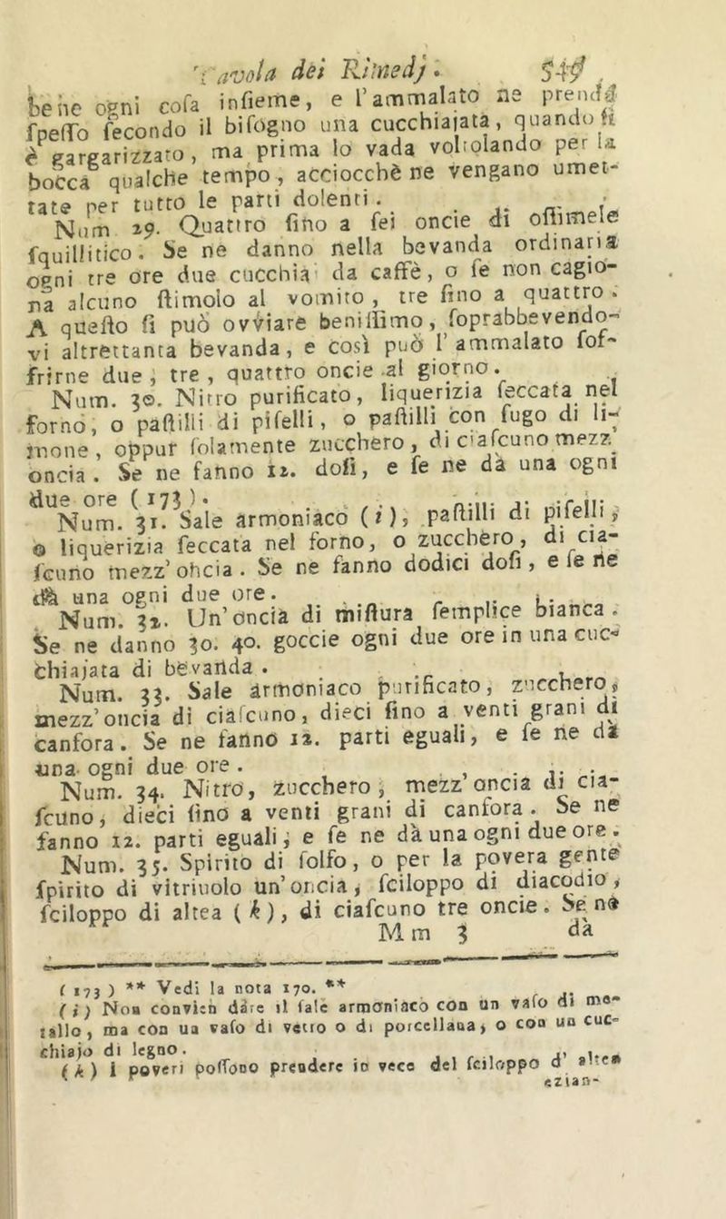 't avola dei Rtìned), SÀÌ . bene ogni cofa infieme, e l’ammalato ns prencìé fpeiro fecondo il bifogno una cucchiaiata, quando h è gargarizzato, ma prima lo vada voltolando per U boCcà^ qualche tempo , acciocché ne vengano umet- tate per tutto le parti dolenti . _ Num ì?- Quattro fino a fei oncie di oflnmele fquillitico. Se ne danno nella bevanda ordinana ogni tre ore due cucchia’ da caffè, o fe non cagio- na alcuno {limolo al vomito, tre fino a quattro . A quello fi può ovviare beniliimo, foprabbevendo- vi altrettanta bevanda, e così può I’ammalato for- frirne due, tre, quattro onde-al giorno. Num. ?o. Nino purificato, liquerizia leccata nel fornò, o paftilii di pifelli, o paflilli con fugo di li- jTione , oppur (olamente zucchero, di cafcuno mezz oncia. Se ne fanno li. doli, e fe ne da una ogni ^'^Num. 3i?^Sale armoniacò (t), paflilli di pifeìli, o liquérizia feccata nel forno, o zucchero, di cia- fcuno mezz’oncia. Se ne fanno dodici doli, e le rie ilìà una ogni due ore. l* Num. zz. Un oncia di miflura femplice bianca. Se ne danno 30. 40- go^cie ogni due ore in una cuc«« thiajata di bevanda • , , ^ Num. 33. Sale àrmoniaco purificato, zucchero, mezz’oncia di ciafcuno, dieci fino a venti grani di canfora. Se ne fanno la. parti eguali, e le ne oi «na-ogni due ore. , . ... Num. 34. Nitro, zucchero, mezz oncia di cia- Tcuno, dieci lino a venti grani di canfora. Se ne fanno iz. parti eguali i e fe ne dà una ogni due ore . Num. 35. Spirito di lolfo, o per la povera gente fpirito di vitriuolo un’oncia ^ fciloppo di diacodio , fciloppo di altea (^), di ciafcuno tre oncie. Send Mm 3 ( 173 ) ** Vedi la nota 170. r - (i) No» convien date il lalè armoniacò con Un vaio d» ma- jallo, ma con ua vafo di vetro o di porcellana, o eoa un cuc- chiaio di legno. . , r , 4’ .l*c* (A) 1 poveri polTono prendere 10 vece del Iciloppo a