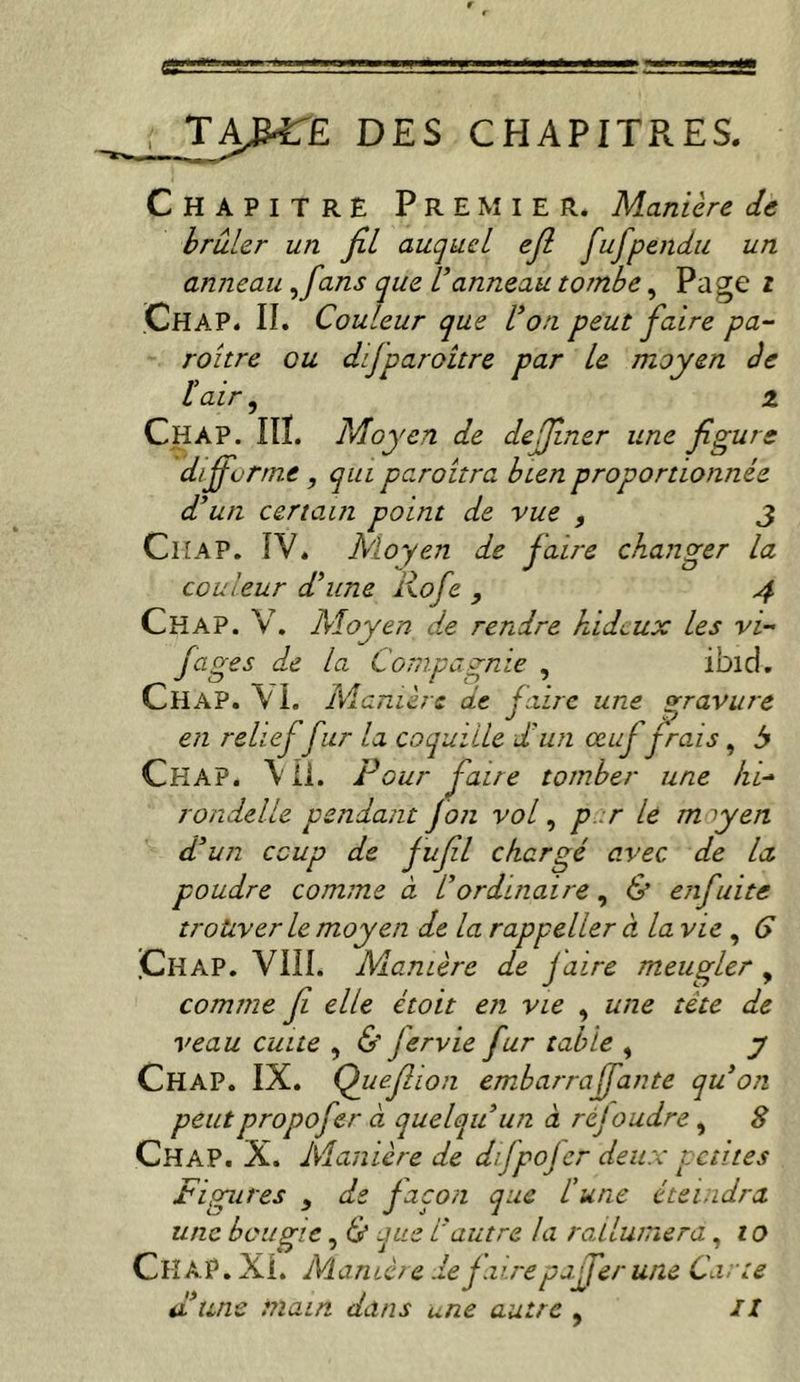 . TA^E DES CHAPITRES. ■ ■■■■ ■ ^ 0^ Chapitre Premier. Manière de brûler un fil auquel ejl fufpendu un anneau ^fans que Vanneau tombe, Page z Chap. il Couleur que Von. peut faire pa- roître ou dijparoitre par le moyen de ïair, 2 Chap. Ilî. Moyen de dejjiner une figure difforme, qui paroitra bien proportionnée d’un certain point de vue , j Chap. IV* Moyen de faire changer la couleur d’une Rofe , 4 Chap. V. Aloyen de rendre hideux les vi- fciges de la Compagnie , ibld, Chap. VL Manière de faire une gravure en relief fur la coquille d’un œuf frais, 3 Chap. \Ti. Pour faire tomber une hi-‘ rondelle pendant jon voff par le moyen d’un coup de fufil chargé avec de la, poudre comme à l’ordinaire,, & enfuite trouver le moyen de la rappeller à la vie , G 'Chap. VIII. Manière de faire meugler^ comme fi elle étoit en vie , une tète de veau cuite , & fervie fur table , y Chap. IX. Quefiion embarraffante qu’on peutpropofer à quelqu’un à réjoudre, 8 Chap. X. Manière de dijpojcr deux petites Figures , de façon que l'une éteindra une bougie, & que L’autre la rallumera, 10 CkaP. Xi. Maniêie défaire pajfer une Carte d’une main dans une autre , //