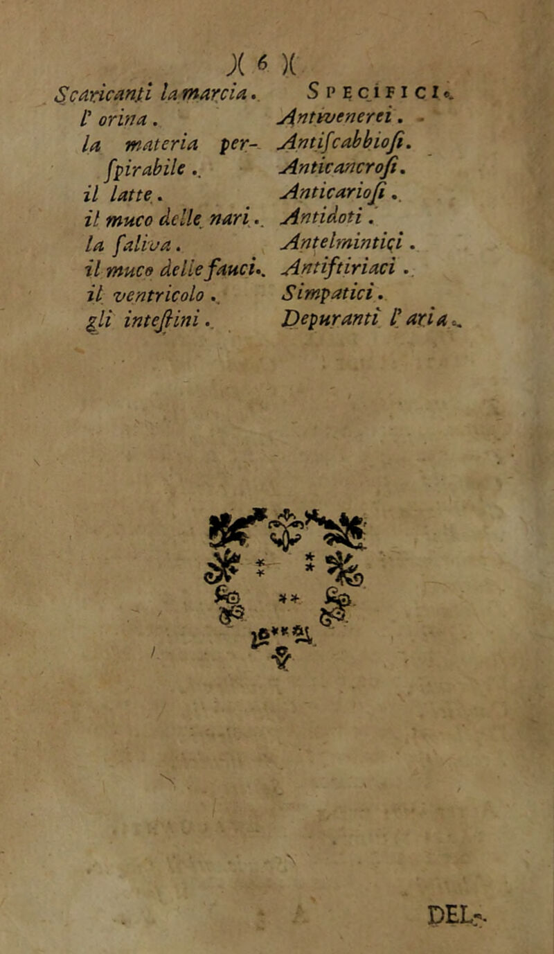 Scaricanti la marcia. Specìfici®. /’ orina . Antivenerei . . la materia per- Antifcabbiofi. [pir abile .. Anticancrofi. il latte. Anticariofi. il muco delle, nariAntidoti. la faliva. Antelmintici . il muco delie fauci.. Antiftiriaci il ventricolo Simpatici, gli interiniDepuranti l'aria .. DEL«-