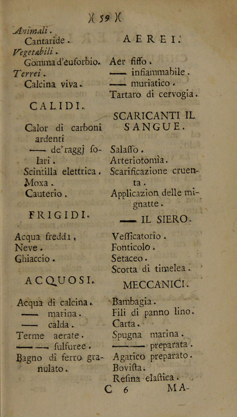 JLnimali., Cantaride - lieget Abili. Gomma d’euforbio. Terrei . Calcina viva.. GAUDI. Calor di carboni ardenti de’raggj Mo- lari' . Scintilla elettrica. Moxa.. Cauterio. FRIGIDI. Acqua freddi, Neve . Ghiaccio. ACQUOSI. Acqua di calcina., —— marina. calda.. Terme aerate. —— —. fulfuree . Bagno di ferro gra- nulato ., aerei; Aer fiffo. —— infiammabile. muriatico. Tartaro di cervogia. SCARICANTI IL SANGUE. Salaflo. Arteriotomìa. Scarificazione cruen- ta . Applicazion delle mi- gnatte . IL SIERO. Vefifìcatorio . Fonticolo. Setaceo. Scorta di timelea. MECCANICI. Bambagia. Fili di panno lino. Carta. Spugna marina. . preparata. Agarico preparato. Bovifta. Refina elaftica.