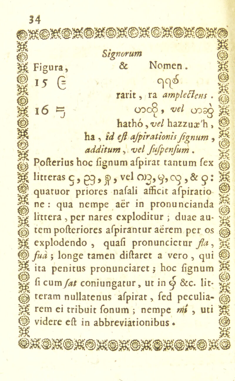 Figura, 15 6 *3 Signorum & Nomen. rarit, ra ample [iens . ooc8 , vel oosg hatho, vel hazzua?'h, ha , id ejl ajpirationis Jignum , additum, vel fufpenfum . Pofterius hoc fignum afpirat tantum fex litteras c, gq, |> , vel OD, 05, quatuor priores nafali afficit afpiratio ne: qua nempe aer in pronuncianda littera , per nares exploditur ; duae au- tem pofteriores afpirantur aerem per os explodendo , quafi pronuncictur fla, ud ; longe tamen diftaret a vero , qui ita penitus pronunciaret; hoc fignum fi cum /at coniungatur, ut in &c. lit- teram nullatenus afpirat, fed peculia- rem ei tribuit fonum ; nempe mi , uti videre eft in abbreviationibus •