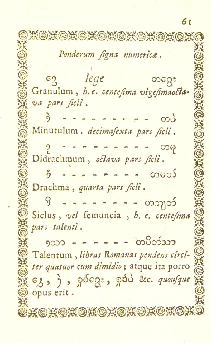 ^ i ^ CS lege ' rnetf gj Granulum , b.e. centefima vigefimaofta* va pars fidi . m \ v e) ------*• r- OOO Minutulum, decimafexta pars ficli. 9 - -- -- -- -- OOQ Didrachmum, oftava pars fidi. v 9 00 y 06 * Drachma , quarta pars fidi. 9 - -- -- -- - 000^06 ^ Siclus , vel fcmuncia , h> e. centefima H* pars talenti. 9000 ------ 00806000 @ Talentum , libras Romanas pendens circi- H ter quatuor cum dimidio; atque ita porro J , ^£egs > &c quoufque *§) opus erit.