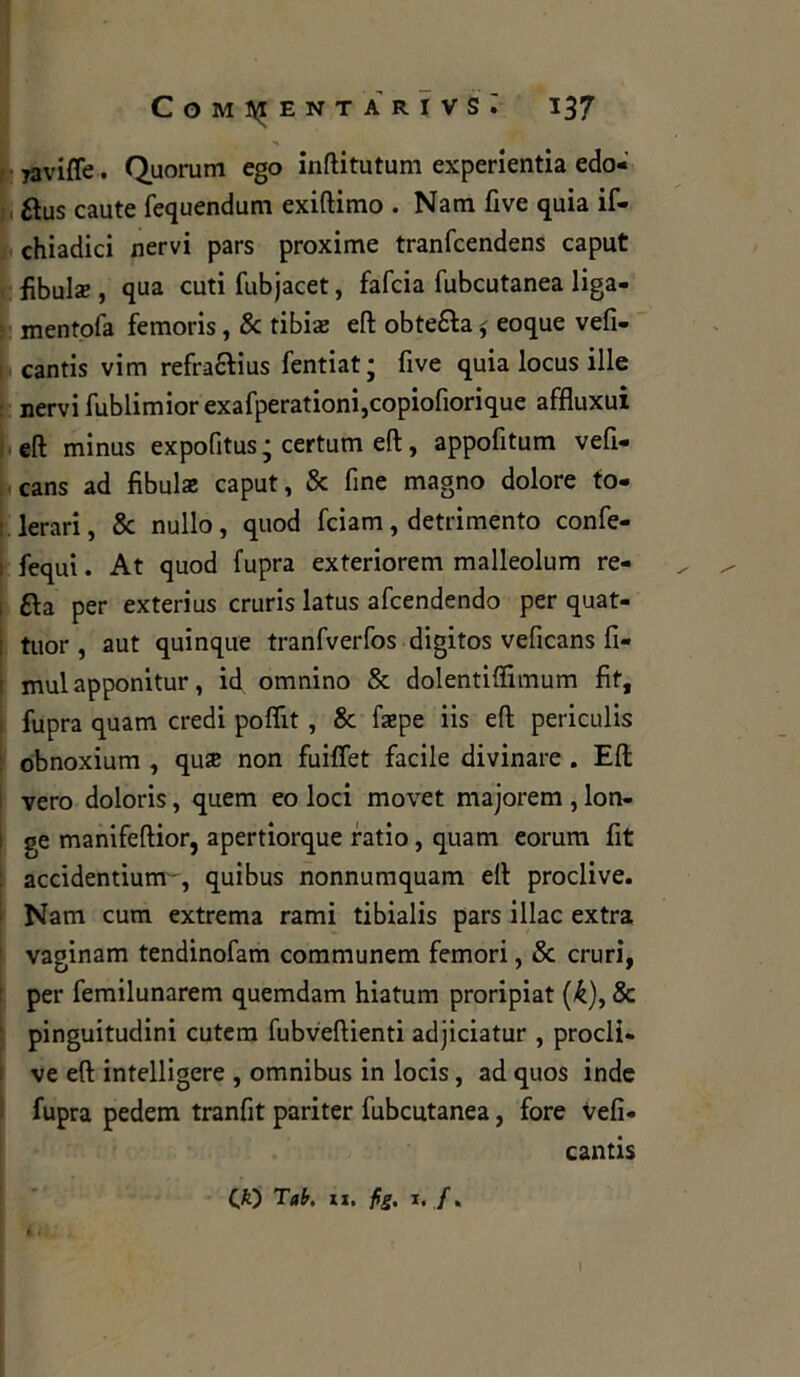 javiffe. Quorum ego inftitutum experientia edo- flus caute fequendum exiftimo . Nam five quia if- chiadici nervi pars proxime tranfcendens caput fìbula?, qua cuti fubjacet, fafcia fubcutanea liga- mentofa femoris, & tibise eft obtetta ^ eoque vefi- cantis vim refractius fentiatj five quia locus ille nervi fublimior exafperationi,copiofiorique affluxui eft minus expofitus; certum eft, appofitum vefi- cans ad fibula caput, & fine magno dolore to- lerari, & nullo, quod fciam, detrimento confe- fequi. At quod fupra exteriorem malleolum re- tta per exterius cruris latus afcendendo per quat- tuor , aut quinque tranfverfos digitos veficans fi- mul apponitur, id omnino & dolentiflimum fif, fupra quam credi poflit , & faepe iis eft periculis obnoxium , qua non fuiflet facile divinare . Eft vero doloris, quem eo loci movet majorem , lon- ge manifeftior, apertiorque ratio, quam eorum fit accidentium , quibus nonnumquam eft proclive. Nam cum extrema rami tibialis pars illac extra vaginam tendinofam communem femori, Se cruri, per femilunarem quemdam hiatum proripiat (k), & pinguitudini cutem fubveftienti adjiciatur , procli- ve eft intelligere , omnibus in locis, ad quos inde fupra pedem tranfit pariter fubcutanea, fore Vefi- cantis CfO Tri. il. fig, i. /,