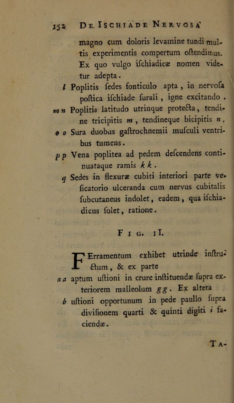 magno cum doloris levamine tundì mul- tis experimentis compertum oftendirr.us. Ex quo vulgo ifchiadicae nomen vide- tur adepta. I Poplitis fedes fonticulo apta , in nervofa poftica ifchiade furali , igne excitando . mn Poplitis latitudo utrinque protesa, tendi- ne tricipitis m , tendineque bicipitis n. 0 o Sura duobus gaftrochnemii mufculi ventri- bus tumens. p p Vena poplitea ad pedem defcendens conti- nuataque ramis k k . q Sedes in flexurae cubiti interiori parte ve- ficatorio ulceranda cum nervus cubitalis fubcutaneus indolet, eadem , qua ifchia- dicus folet, ratione. F i g. i T. . .. ^ FErramentum exhibet utrinde inftru-' ftum, & ex parte a a aptum uftioni in crure inftituendae fupra ex- teriorem malleolum gg . Ex altera b uftioni opportunum in pede paullo fupra divifionem quarti Se quinti digiti i fa- cienda:.