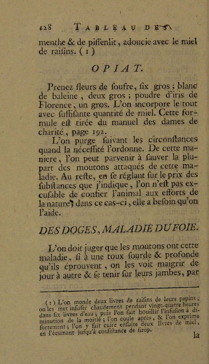 1 Tableau d menthe & de piiîenlit, adoucie avec le miel de raiflns. ( i ) Prenez fleurs de foufre, flx gros ; blanc de baleine , deux gros ; poudre d'iris de Florence, un gros. L’on incorpore le tout avec fuffifante quantité de miel. Cette for- mule eft tirée du manuel des dames de charité, page 192. L’on purge fuivant les circonftances quand la néceflité l’ordonne. De cette ma- niéré , l’on peut parvenir à fauver la plu- part des moutons attaqués de cette ma- ladie. Au refte, en fe réglant fur le prix des fubftances que j’indique , l’on n’eft pas ex- cufable de confier j’animai aux efforts^ de la naturel dans ce cas-ci, elle a befoin qu’on l’aide. L’on doit juger que les moutons ont cette maladie, fl à une toux fourde & profonce qu’ils éprouvent, on les voit maigrir de jour à autre &c ie tenir fur leurs jambes, par O P IA T, DES DOGES, MALADIE DU FOIE. on les dans 1 minut forterr en ,—»— (1) la