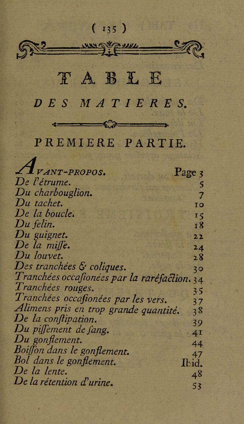 TABLE DES MATIERES. =o= PREMIERE PARTIE. A, Page 3 5 7 io i5 18 z z 24 28 30 VANT-PROPOS* £>e Pétrume. Du charbouglion. Du tachet. De la boucle* Du félin. Du guignet. De la mijje. Du louvet. Des tranchées & coliques. Tranchées occafionées par la raréfaction. 34 Tranchées rouges. Tranchées occafionées par les vers. Alimens pris en trop grande quantité. De la conflipation. Du pijfement de fang. Du gonflement. Boiflon dans le gonflement. Bol dans le gonflement. De la lente. De la rétention d'urine. 35 37 3S 39 4i 44 47 Ibid. 48 5.3