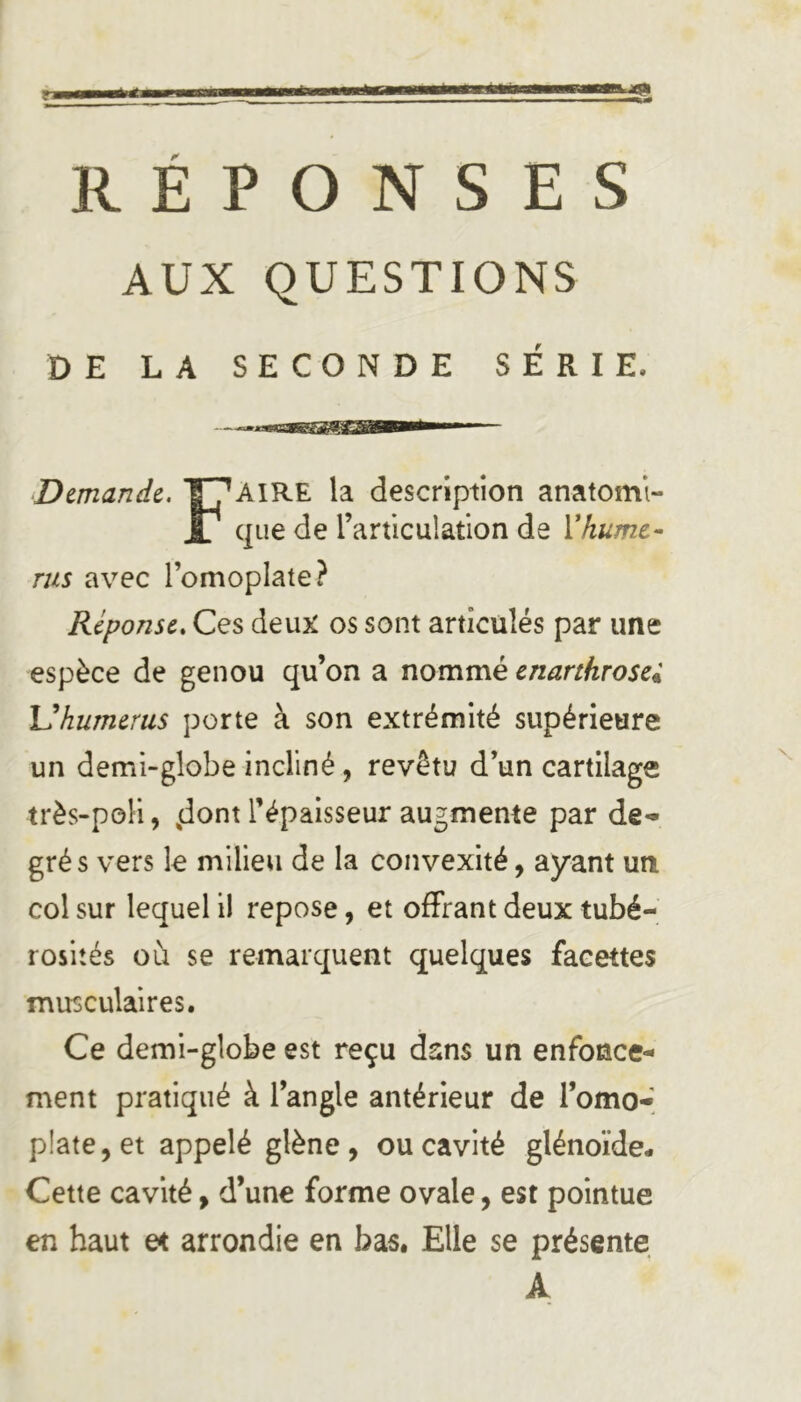 REPONSES AUX QUESTIONS DE LA SECONDE SERIE, Demande. rus avec l’omoplate? Réponse. Ces deux os sont articulés par une espèce de genou qu’on a nommé enarthrose« L'humérus porte à son extrémité supérieure un demi-globe incliné, revêtu d’un cartilage très-poli, jlont l’épaisseur augmente par de- grés vers le milieu de la convexité, ayant un col sur lequel il repose, et offrant deux tubé- rosités où se remarquent quelques facettes musculaires. Ce demi-globe est reçu dans un enfonce- ment pratiqué à l’angle antérieur de l’omo- plate, et appelé glène, ou cavité glénoïde* Cette cavité, d’une forme ovale, est pointue en haut e< arrondie en bas. Elle se présente A